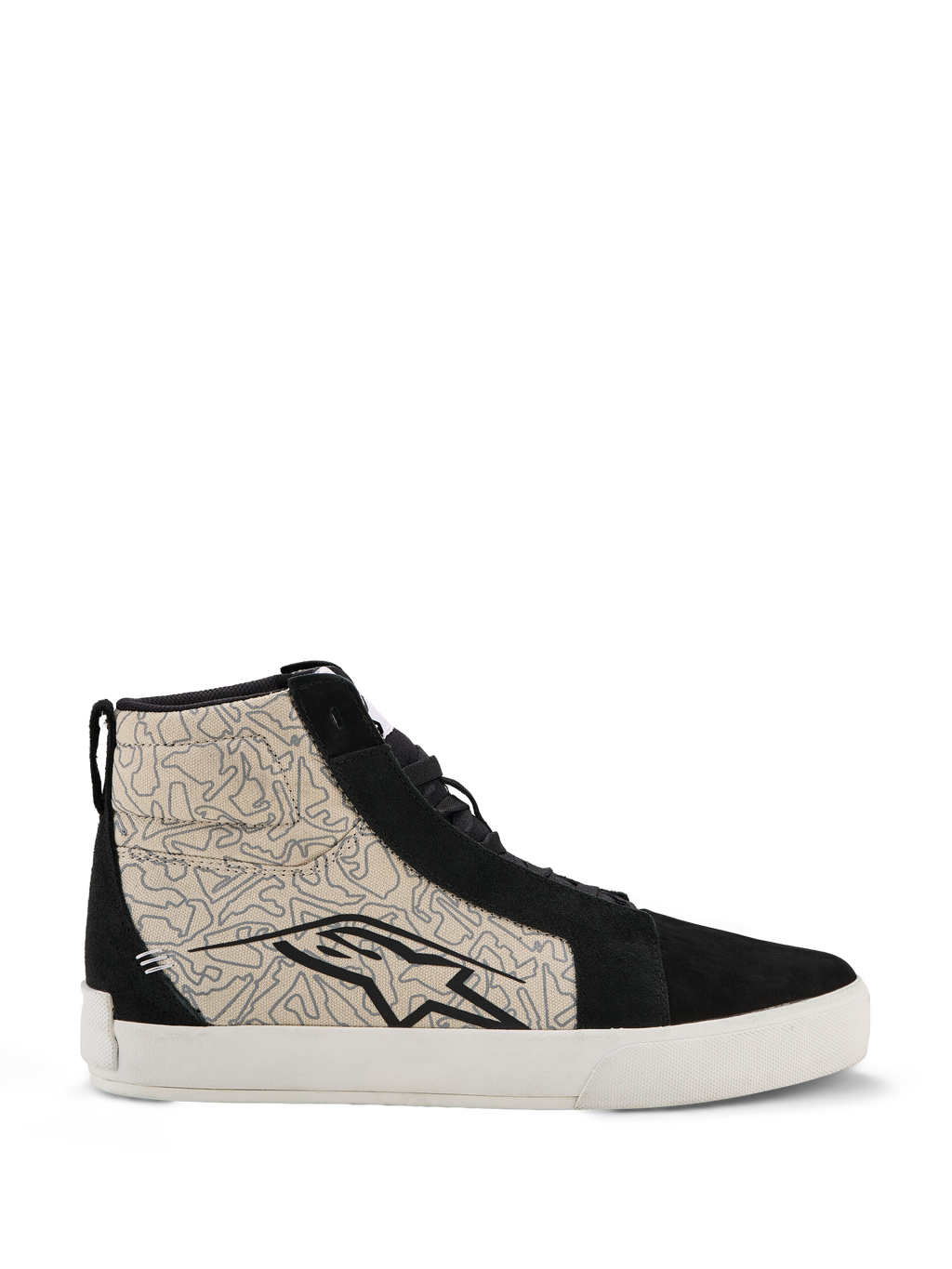 Alpinestars Ride-63 Canvas-Schuhe, urbane Motorradschuhe, Schwarz und Cool Gray mit weißer Sohle, High-Top-Design im Skate-Stil mit gemusterten Textil-Seitenpaneelen und schwarzen Wildleder-Overlays, großes schwarzes Alpinestars-Logo, vulkanisierte Gummisohle
