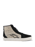 Alpinestars Ride-63 Canvas-Schuhe, urbane Motorradschuhe, Schwarz und Cool Gray mit weißer Sohle, High-Top-Design im Skate-Stil mit gemusterten Textil-Seitenpaneelen und schwarzen Wildleder-Overlays, großes schwarzes Alpinestars-Logo, vulkanisierte Gummisohle