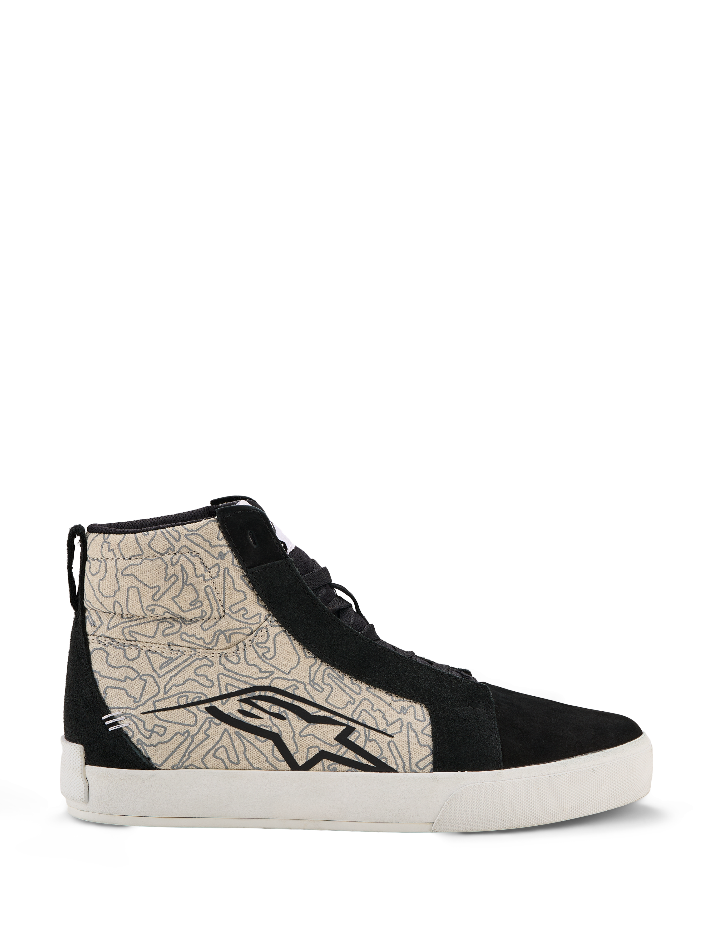 Alpinestars Ride-63 Canvas-Schuhe, urbane Motorradschuhe, Schwarz und Cool Gray mit weißer Sohle, High-Top-Design im Skate-Stil mit gemusterten Textil-Seitenpaneelen und schwarzen Wildleder-Overlays, großes schwarzes Alpinestars-Logo, vulkanisierte Gummisohle