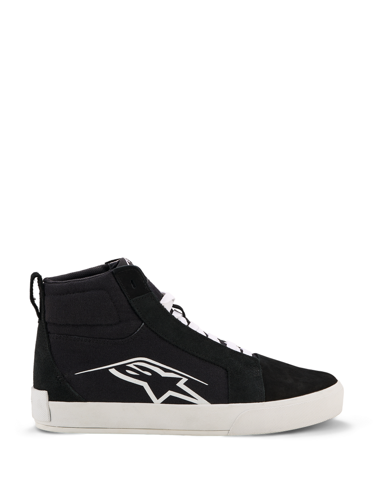 Alpinestars Ride-63 Canvas Schuhe, High-Top Sneaker, Schwarz und Weiß, Flache Gummisohle, Gepolsterter Knöchelbereich, Seitliches Logo mit Sterndesign