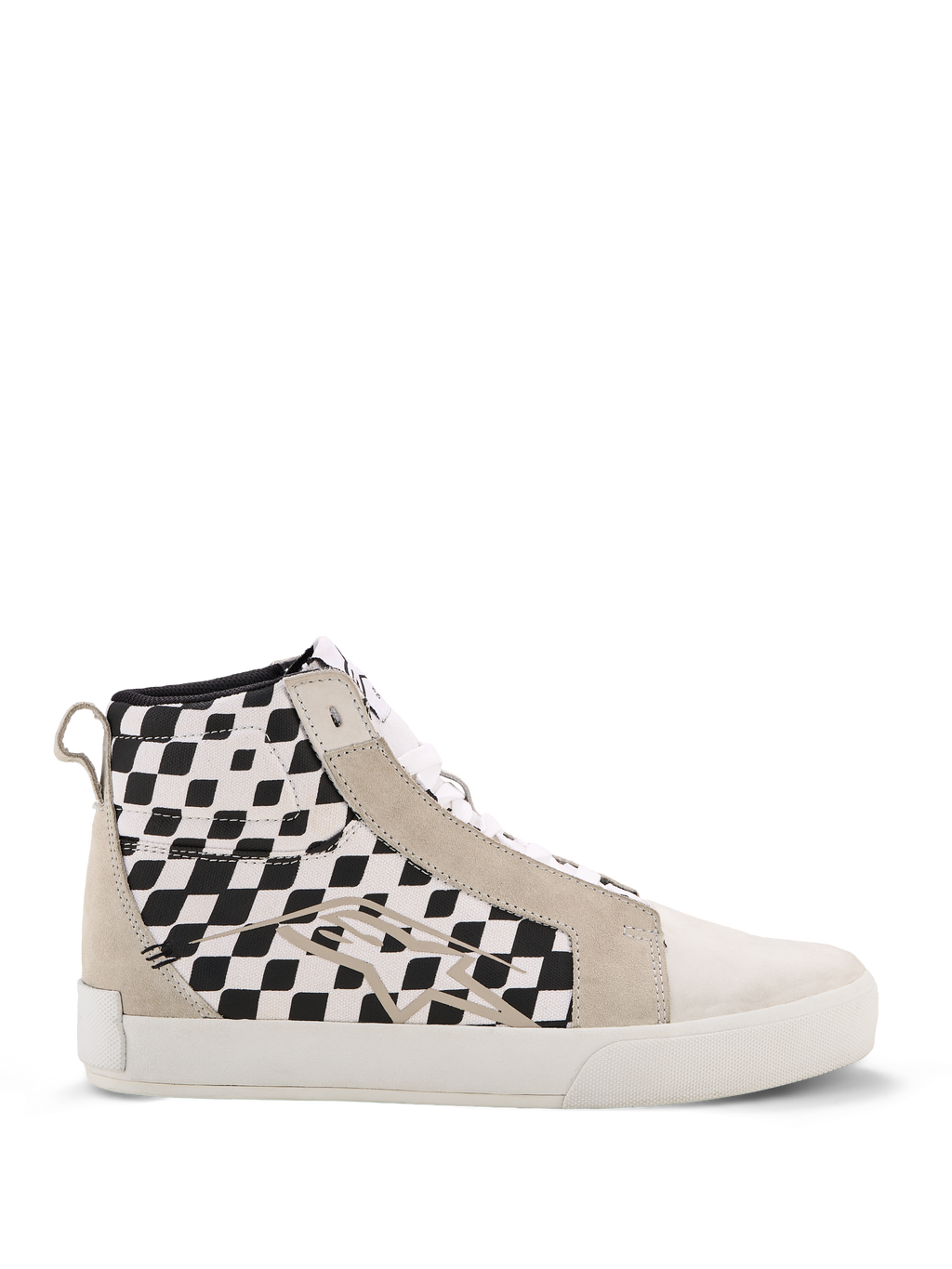 Alpinestars Ride-63 Canvas Schuhe, High-Top Urban Motorrad-Sneaker, schwarz-weiß karierte Seitenbahnen, beigefarbene Wildleder-Overlays, weiße vulkanisierte Sohle, lässiges vom Motorsport inspiriertes Schuhwerk