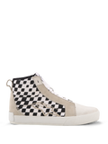 Alpinestars Ride-63 Canvas Schuhe, High-Top Urban Motorrad-Sneaker, schwarz-weiß karierte Seitenbahnen, beigefarbene Wildleder-Overlays, weiße vulkanisierte Sohle, lässiges vom Motorsport inspiriertes Schuhwerk