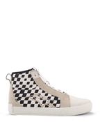 Alpinestars Ride-63 Canvas Schuhe, High-Top Urban Motorrad-Sneaker, schwarz-weiß karierte Seitenbahnen, beigefarbene Wildleder-Overlays, weiße vulkanisierte Sohle, lässiges vom Motorsport inspiriertes Schuhwerk