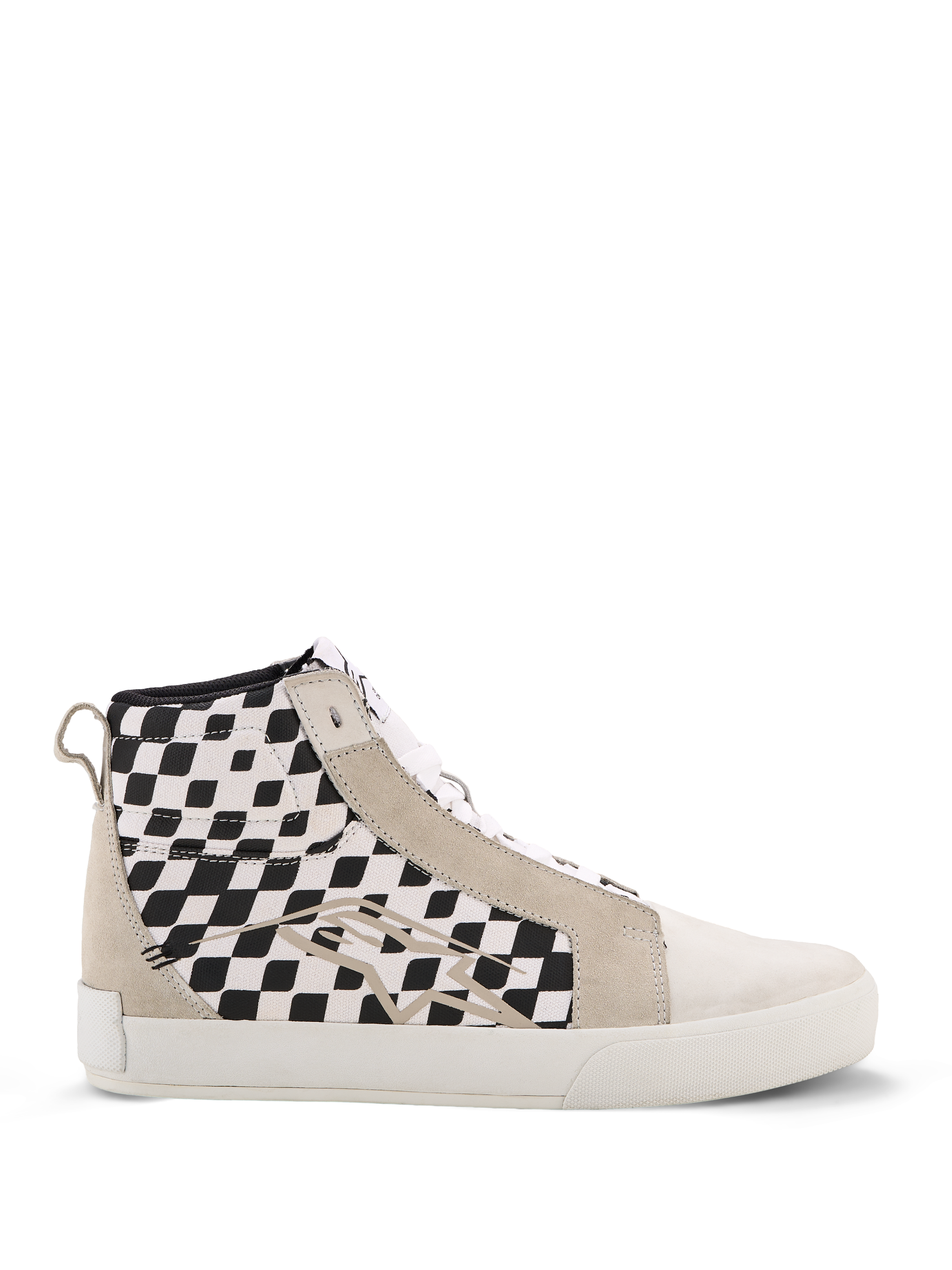 Alpinestars Ride-63 Canvas Schuhe, High-Top Urban Motorrad-Sneaker, schwarz-weiß karierte Seitenbahnen, beigefarbene Wildleder-Overlays, weiße vulkanisierte Sohle, lässiges vom Motorsport inspiriertes Schuhwerk