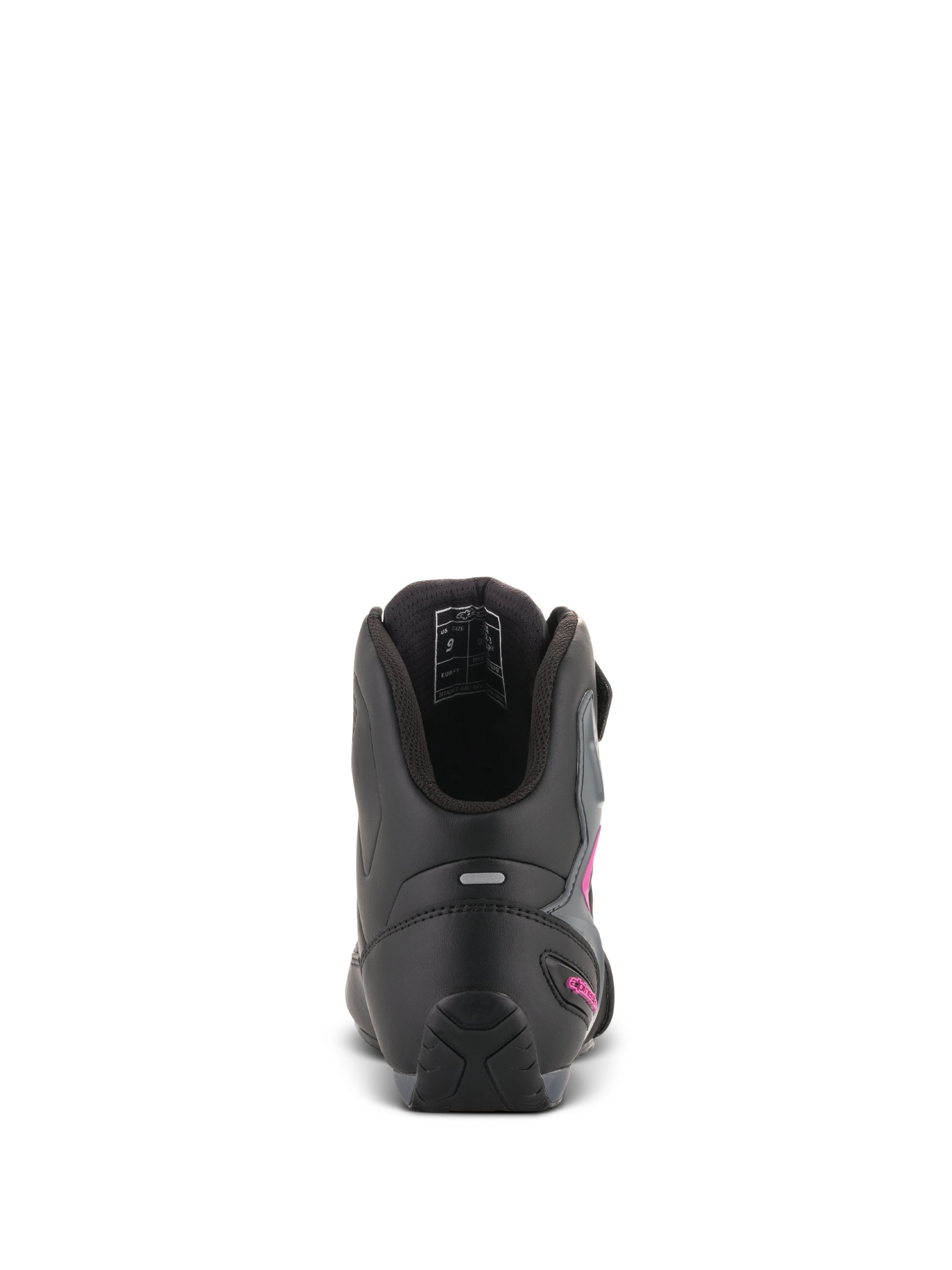 Alpinestars Women Stella Faster-3 Drystar® Shoes, Black Dark Gray Fuchsia, back view of heel showing reflective strip and fuchsia logo, waterproof riding shoes with textured sole and padded collar