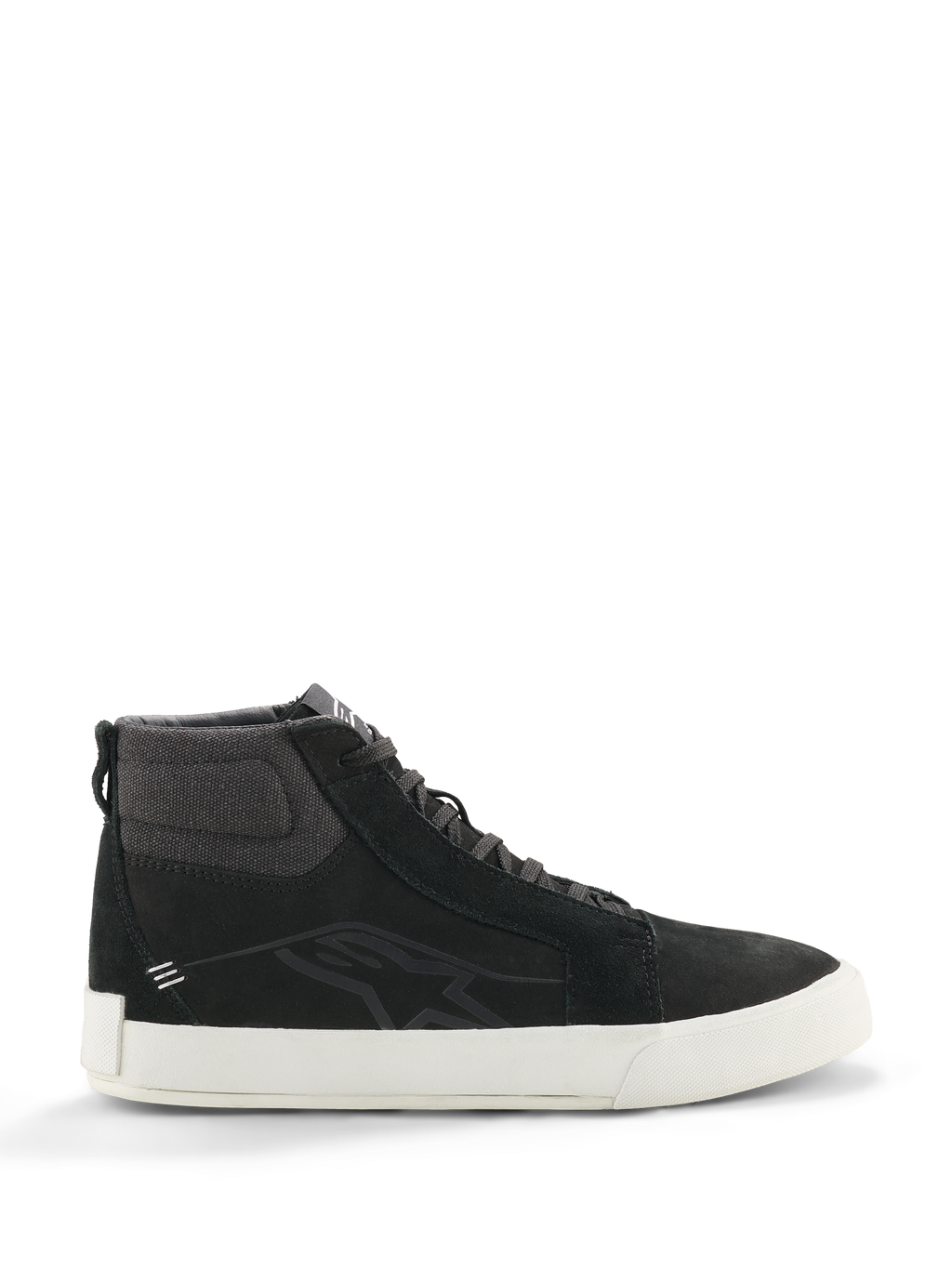 Alpinestars Ride-63 Leder-Sneaker, Schwarze High-Top-Sneaker, Urbane Motorradschuhe, Weiße Sohle, Texturierter Stoffkragen am Knöchel, Schwarze Wildledereinsätze, Minimalistisches Design