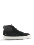Alpinestars Ride-63 Leder-Sneaker, Schwarze High-Top-Sneaker, Urbane Motorradschuhe, Weiße Sohle, Texturierter Stoffkragen am Knöchel, Schwarze Wildledereinsätze, Minimalistisches Design
