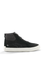 Alpinestars Ride-63 Leder-Sneaker, Schwarze High-Top-Sneaker, Urbane Motorradschuhe, Weiße Sohle, Texturierter Stoffkragen am Knöchel, Schwarze Wildledereinsätze, Minimalistisches Design