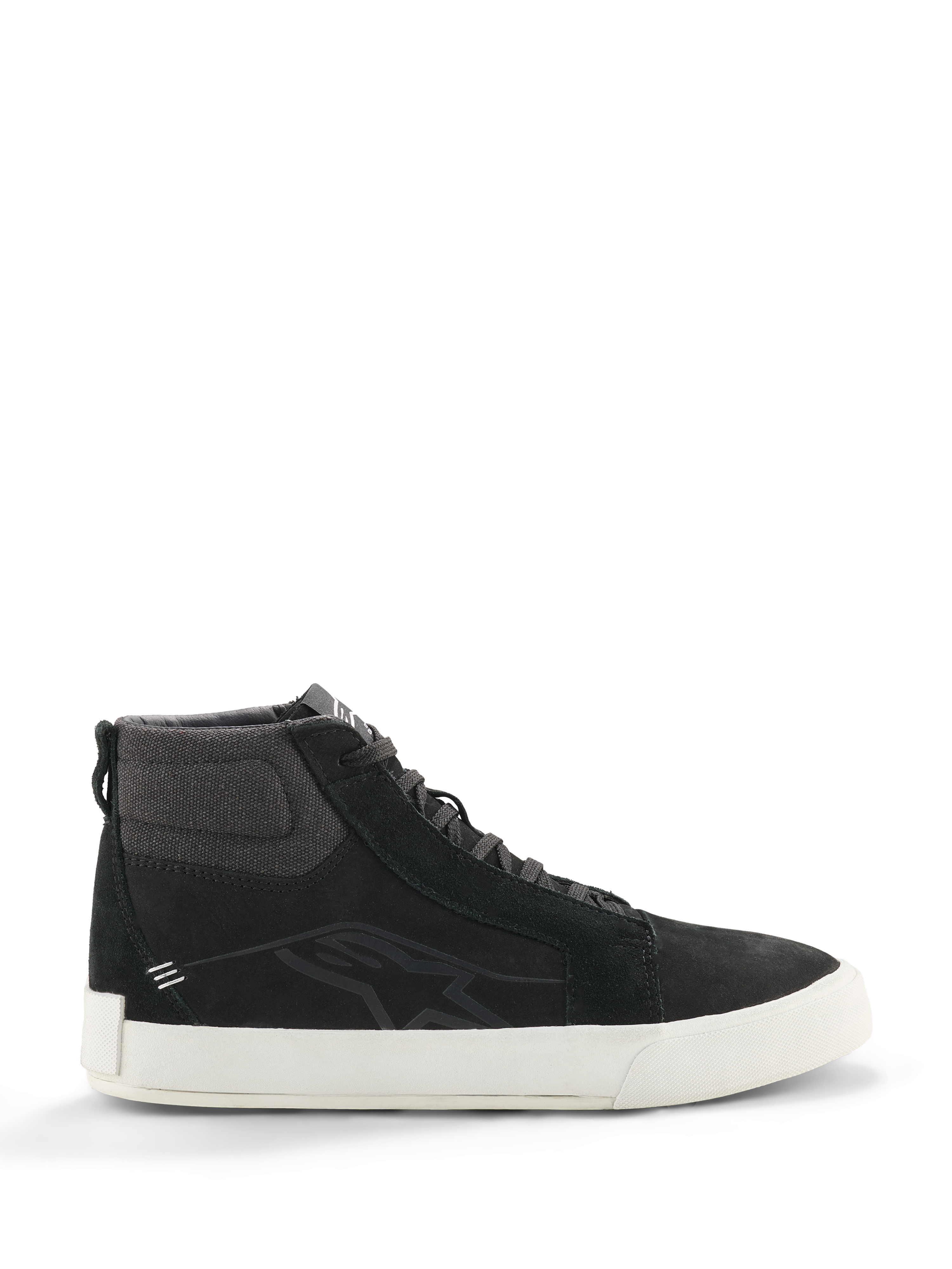 Alpinestars Ride-63 Leder-Sneaker, Schwarze High-Top-Sneaker, Urbane Motorradschuhe, Weiße Sohle, Texturierter Stoffkragen am Knöchel, Schwarze Wildledereinsätze, Minimalistisches Design