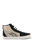 Alpinestars Ride-63 Leder-Schuhe, High-Top Motorrad-Sneaker, Schwarz, Cool Gray und Weiß, Seitenprofil mit schwarzem A-Star-Logo, weiße vulkanisierte Sohle, Wildlederverstärkungen, weiße Schnürsenkel, urbane Freizeit-Motorsport-Fußbekleidung