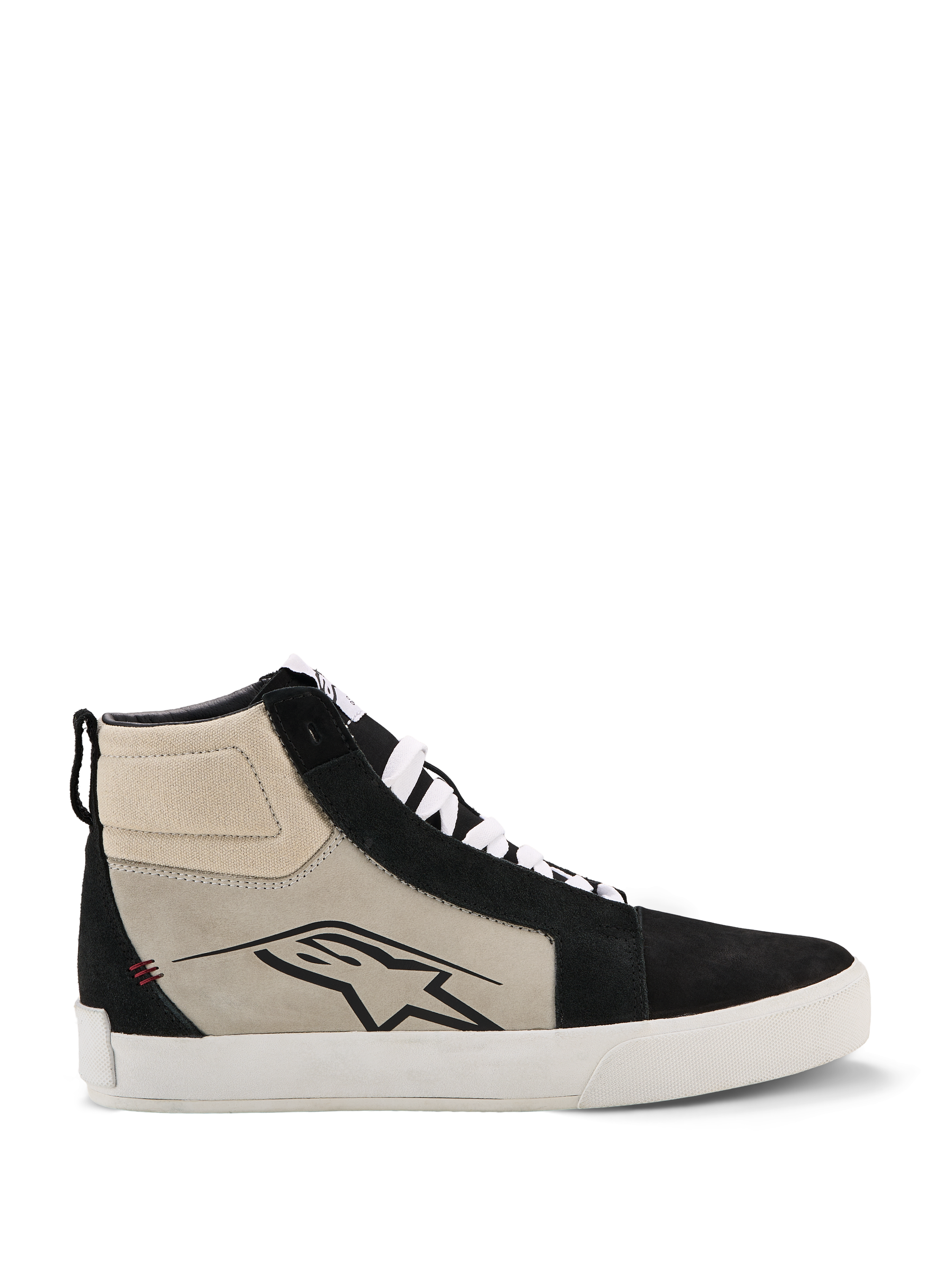 Alpinestars Ride-63 Leder-Schuhe, High-Top Motorrad-Sneaker, Schwarz, Cool Gray und Weiß, Seitenprofil mit schwarzem A-Star-Logo, weiße vulkanisierte Sohle, Wildlederverstärkungen, weiße Schnürsenkel, urbane Freizeit-Motorsport-Fußbekleidung
