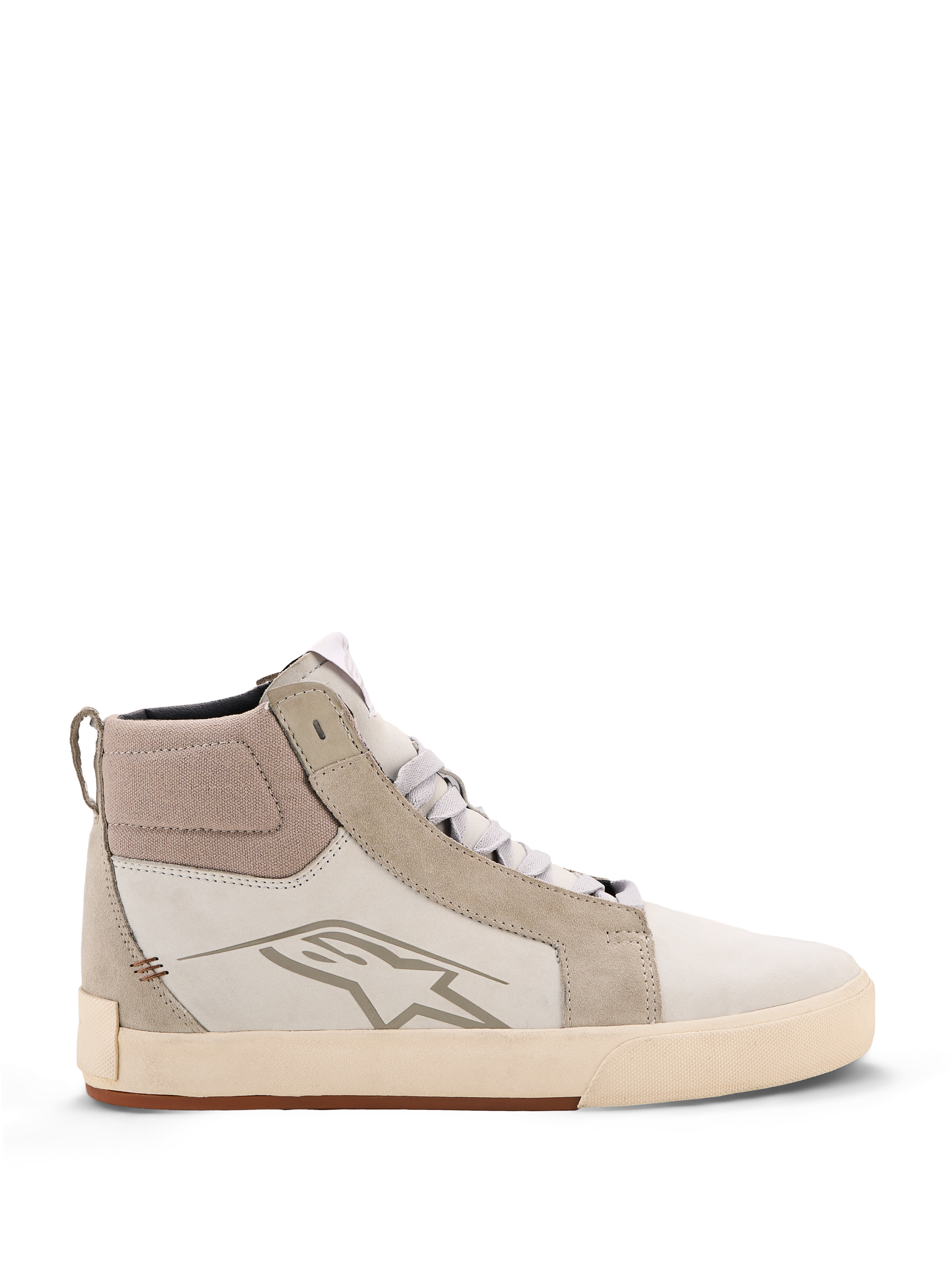 Alpinestars Ride-63 Lederschuhe, Urbane Motorradschuhe, Off-White und Cool Gray mit Gummisohle, High-Top-Design mit Leder- und Wildledereinsätzen, Alpinestars Stern-Logo an der Seite und texturierte vulkanisierte Gummilaufsohle.