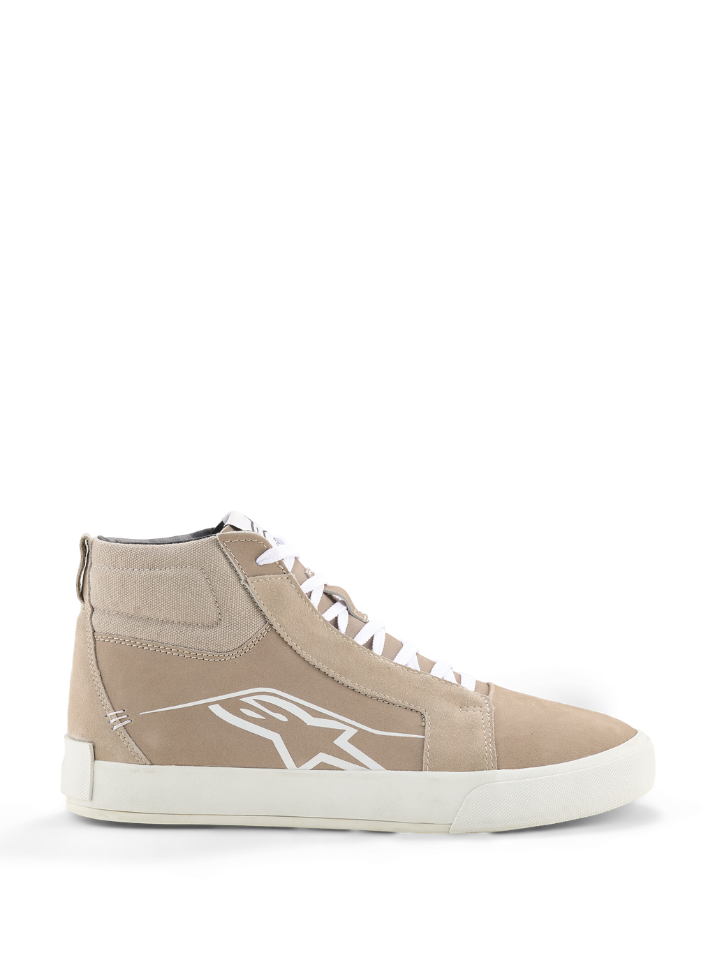 Alpinestars Ride-63 Lederschuhe, Urbane Motorradschuhe, Sand und Weiß, High-Top-Silhouette im Street-Style mit Wildleder-Einsätzen, weiße Schnürsenkel, weißes Astars-Logo an der Seite und weiße vulkanisierte Gummisohle