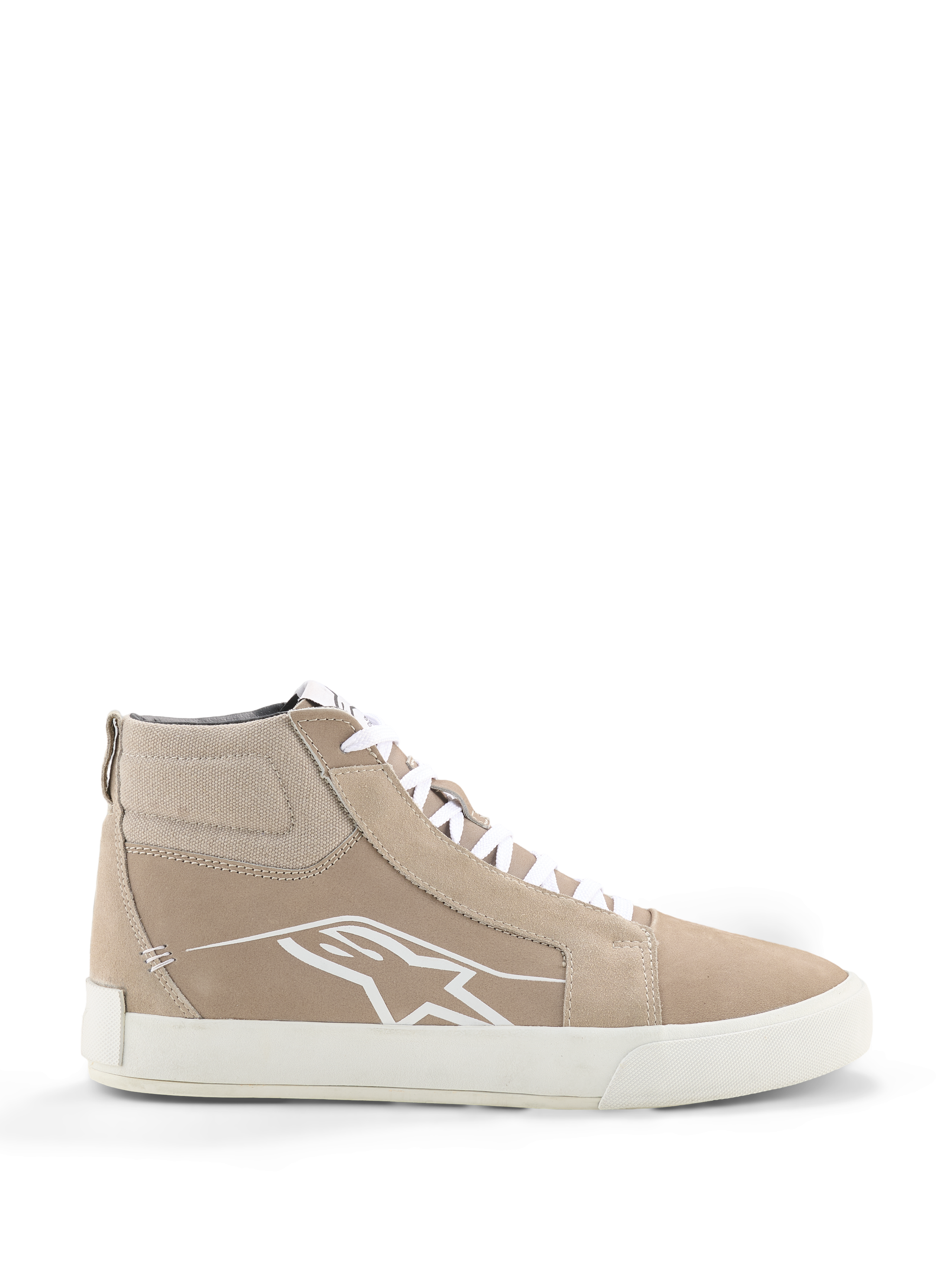 Alpinestars Ride-63 Lederschuhe, Urbane Motorradschuhe, Sand und Weiß, High-Top-Silhouette im Street-Style mit Wildleder-Einsätzen, weiße Schnürsenkel, weißes Astars-Logo an der Seite und weiße vulkanisierte Gummisohle
