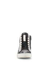Alpinestars Stated Flair Shoes, Urban Motorcycle Riding Shoes, Black and White, front view showing high-top design, black leather with perforated panels, white eyelet trim, black laces, and white rubber sole, vintage racing aesthetic.