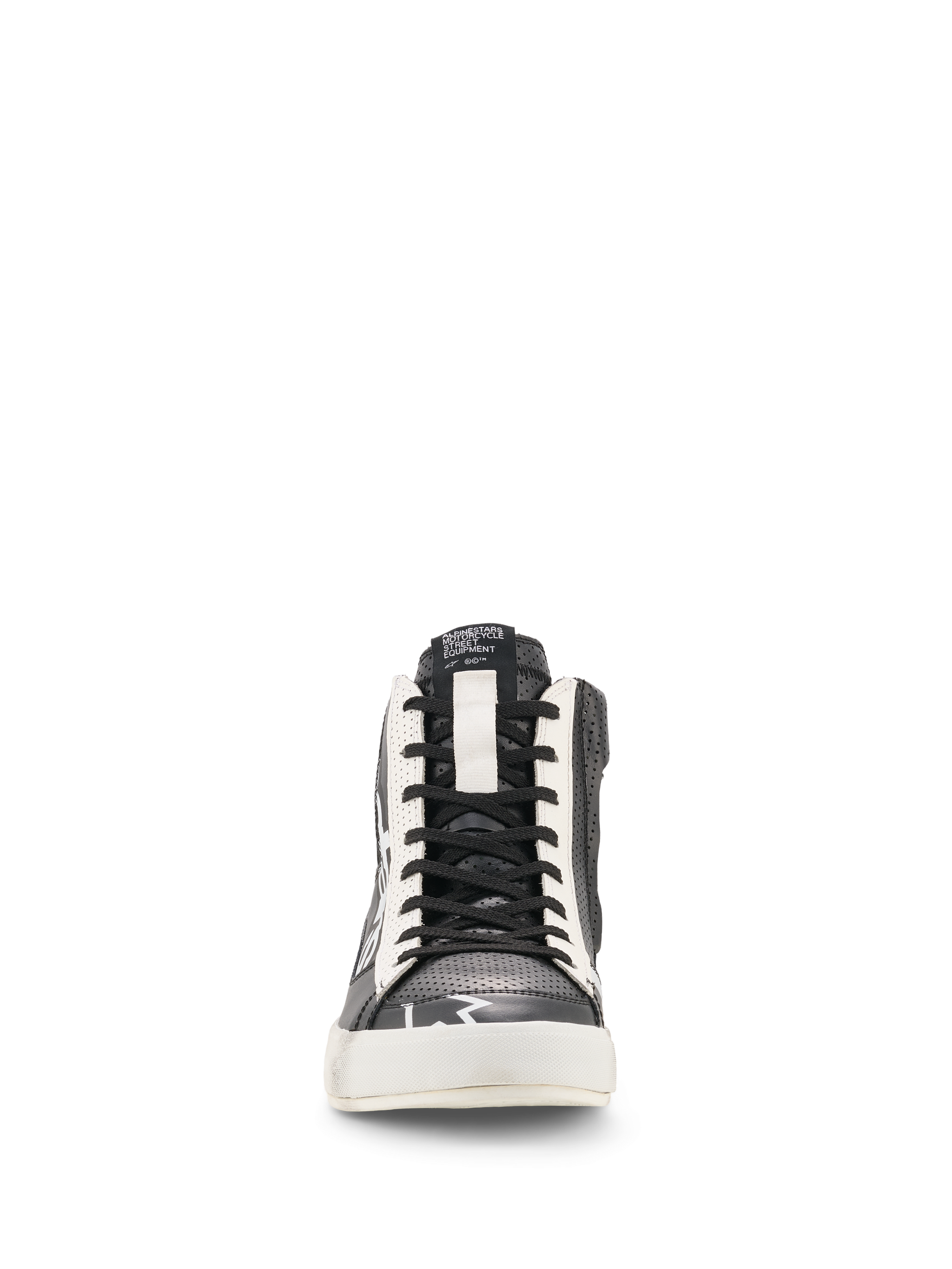 Alpinestars Stated Flair Shoes, Urban Motorcycle Riding Shoes, Black and White, front view showing high-top design, black leather with perforated panels, white eyelet trim, black laces, and white rubber sole, vintage racing aesthetic.