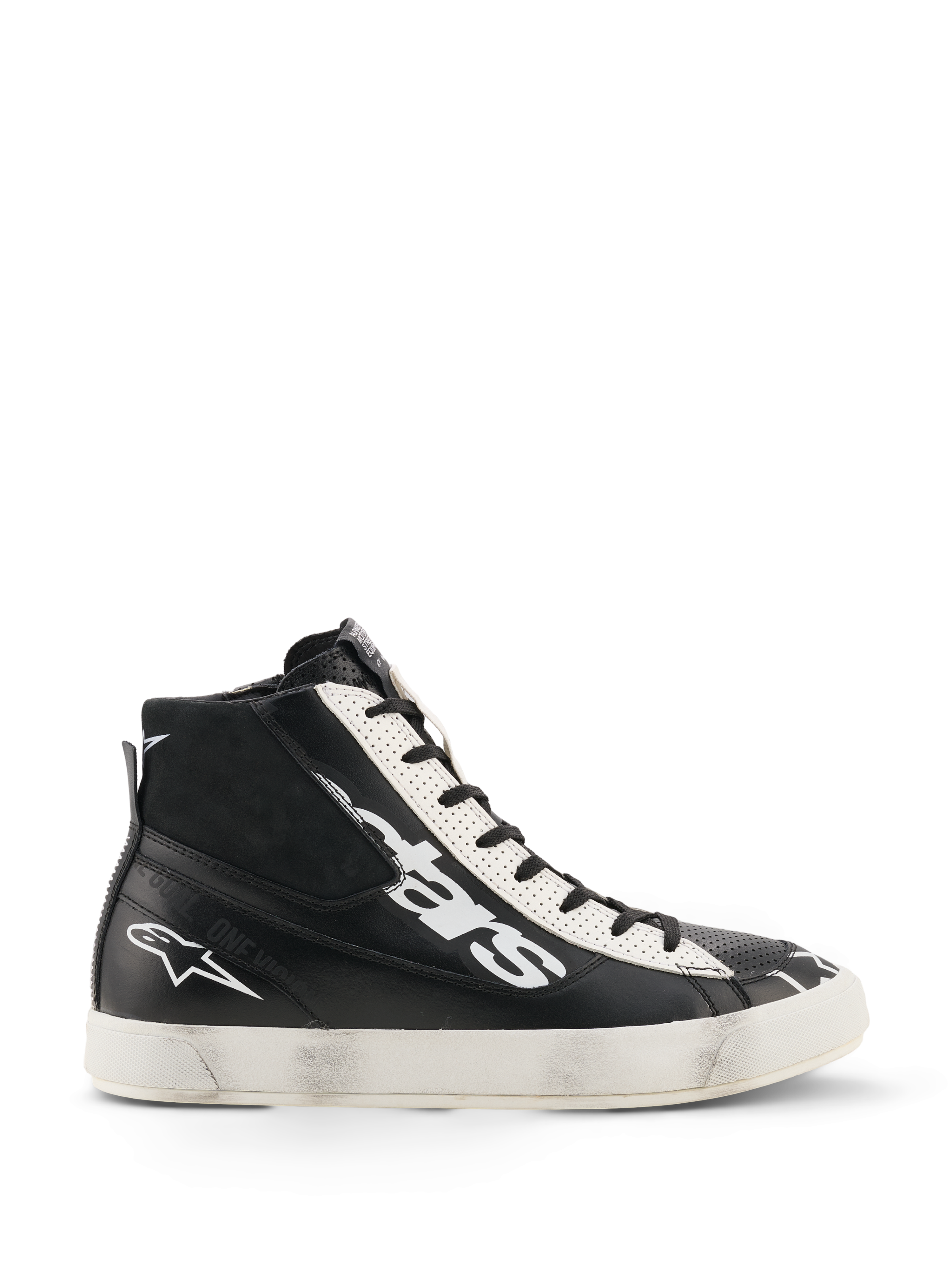 Alpinestars Stated Flair Shoes, Urban Motorcycle Riding Shoes, Black and White, high-top leather construction with large white logo on the side, white perforated eyelet panel, lateral zip closure, and a white rubber sole with a vintage worn patina