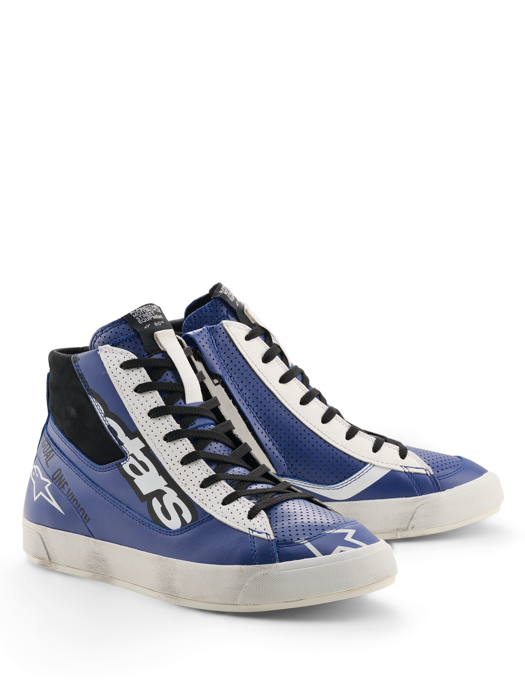 Alpinestars Stated Flair Shoes, Urban Motorcycle Riding Shoes, Bright Blue White Black, heritage racing aesthetic with hand-applied worn effect on the sole, premium leather construction with perforated details and lateral zipper.