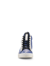 Alpinestars Stated Flair Shoes, Motorcycle Riding Shoes, Bright Blue White Black, front view, high-top silhouette with perforated blue leather, white eyelet panels, black laces, and white vulcanized sole