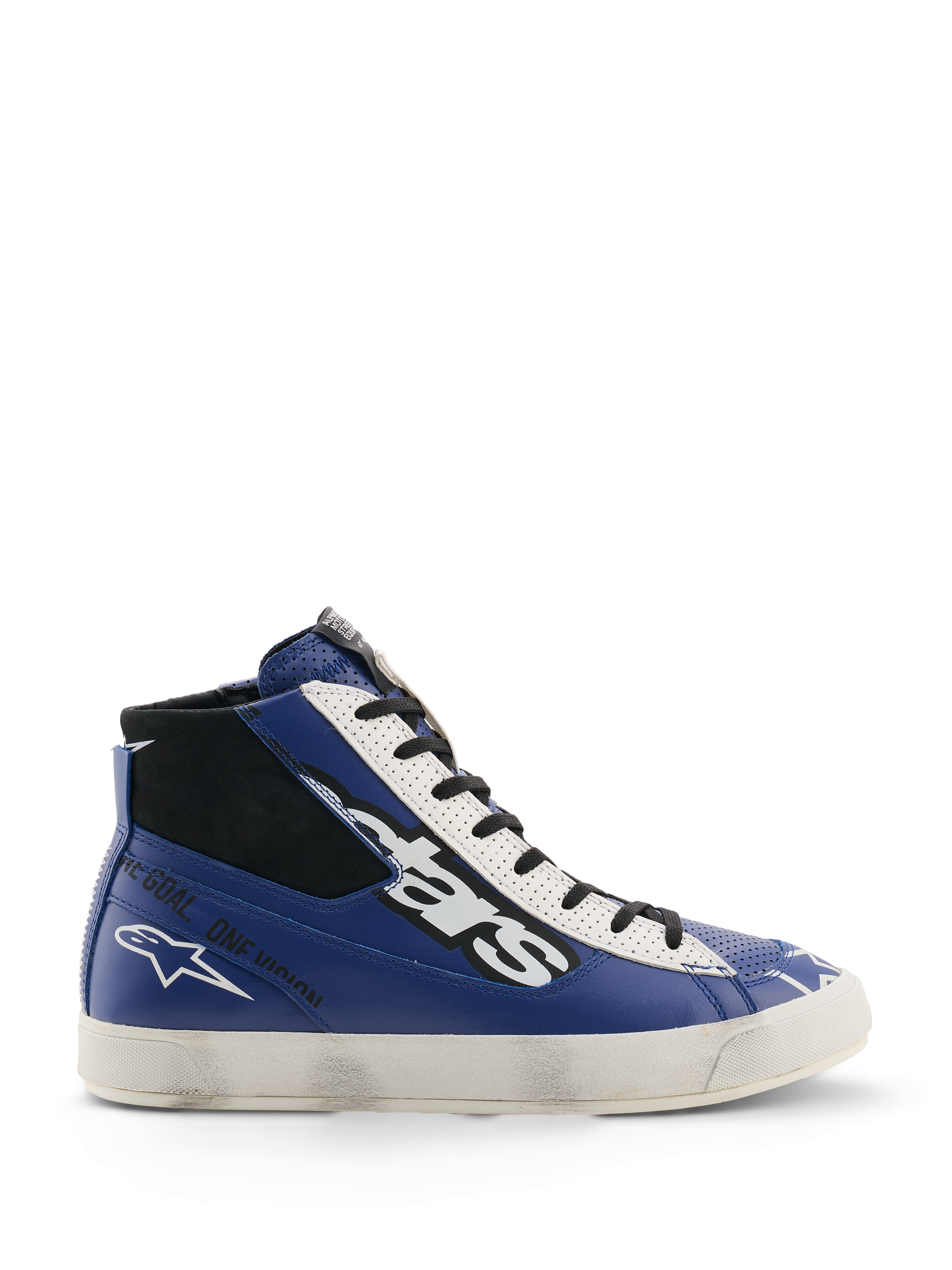 Alpinestars Stated Flair Shoes, Urban Motorcycle Riding Shoes, Bright Blue White and Black, high-top leather construction with a large white and black stars logo, 'One Goal. One Vision.' text on the side, and a vintage-inspired white vulcanized sole featuring a hand-applied worn effect.