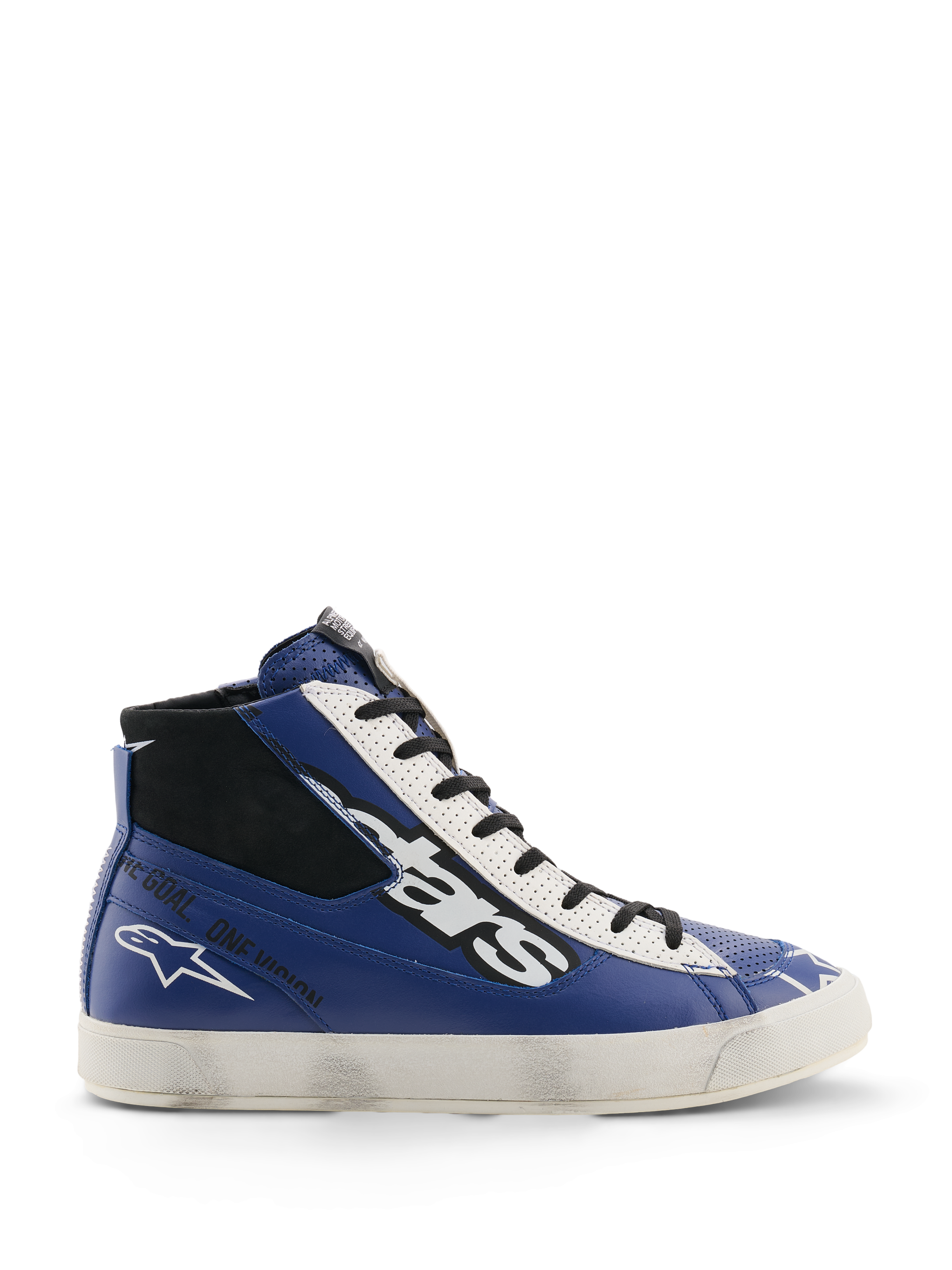 Alpinestars Stated Flair Schuhe, Urbane Motorradschuhe, Hellblau, Weiß und Schwarz, High-Top-Lederkonstruktion mit großem weiß-schwarzem Stars-Logo, „One Goal. One Vision.“ Text an der Seite, vintage-inspirierte weiße vulkanisierte Sohle mit handaufgetragenem Used-Effekt