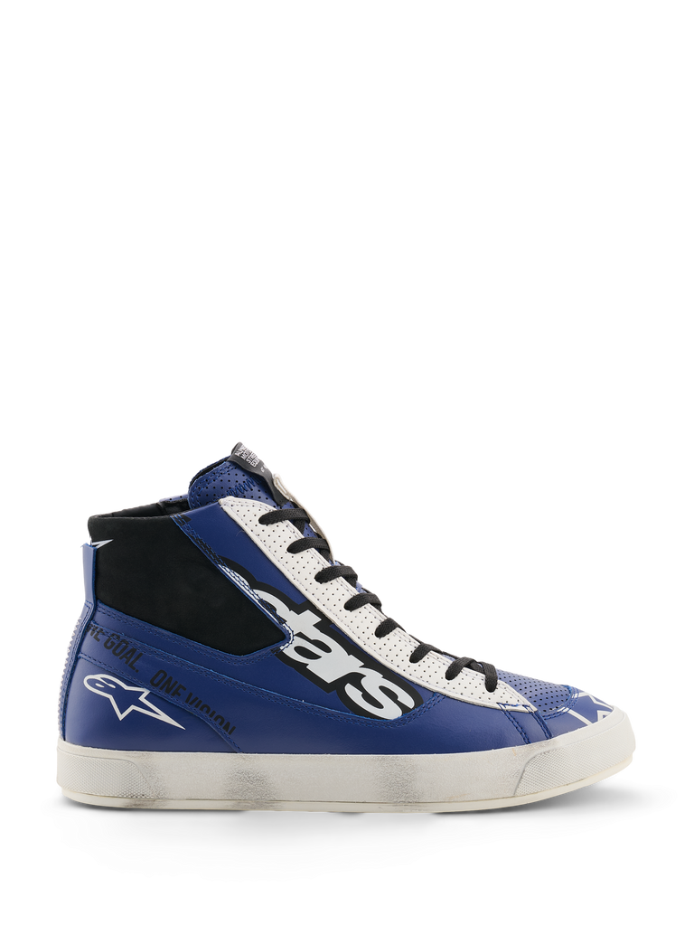 Alpinestars Stated Flair Shoes, Urban Motorcycle Riding Shoes, Bright Blue White and Black, high-top leather construction with a large white and black stars logo, 'One Goal. One Vision.' text on the side, and a vintage-inspired white vulcanized sole featuring a hand-applied worn effect.