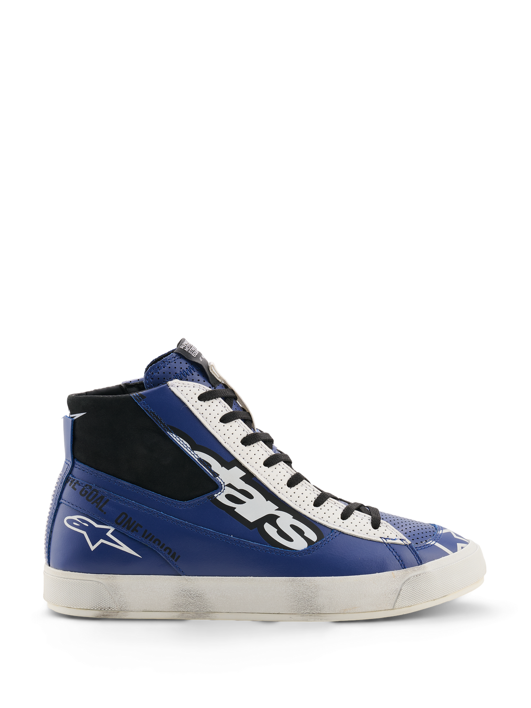Alpinestars Stated Flair Shoes, Hohe Sneaker, Blau, Schwarz und Weiß, Perforiertes Leder, Weiße Sohle, Motorsport-inspiriertes Design mit Stern-Logo