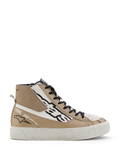 Alpinestars Stella Stated Flair Shoes, Women's High-Top Motorcycle Riding Shoes in Warm Gray and White, featuring black laces, perforated leather details, and 'One Goal. One Vision.' text on the side.