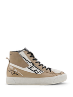 Alpinestars Stella Stated Flair Shoes, Women's High-Top Motorcycle Riding Shoes in Warm Gray and White, featuring black laces, perforated leather details, and 'One Goal. One Vision.' text on the side.