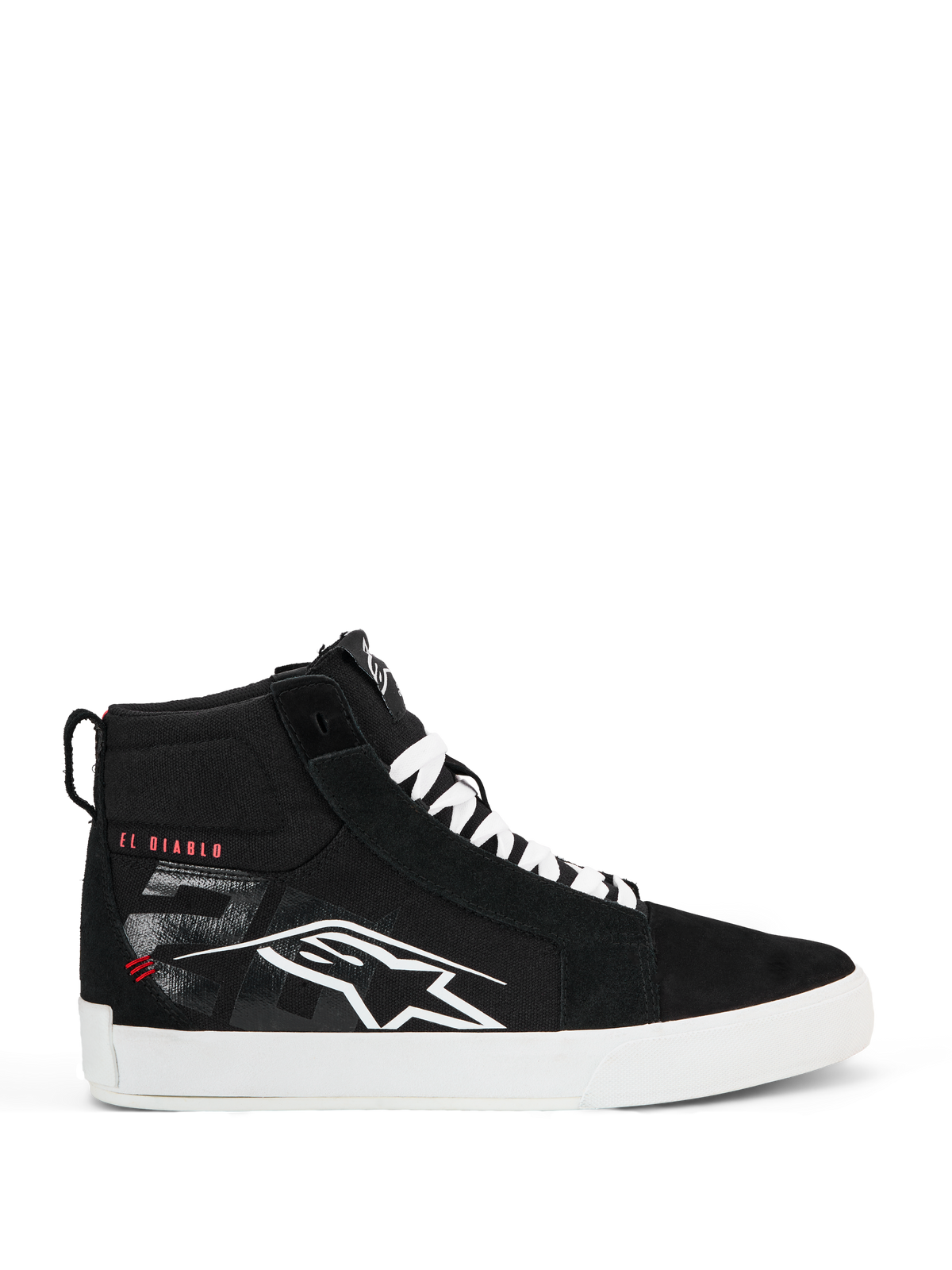 Alpinestars FQ20 Ride-63 Canvas Schuhe, schwarze High-Top-Straßenfahrschuhe, weißes Alpinestars-Logo und roter „EL DIABLO“-Schriftzug an der Seite, weiße Sohle und Schnürsenkel, lässiges urbanes Motorrad-Schuhwerk