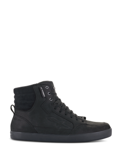 Alpinestars J-6 Waterproof Shoe, Schwarzer High-Top Urban-Motorrad-Sneaker, Seitenansicht mit hochwertiger Lederkonstruktion, Schnürverschluss und gepolstertem Knöchelbereich