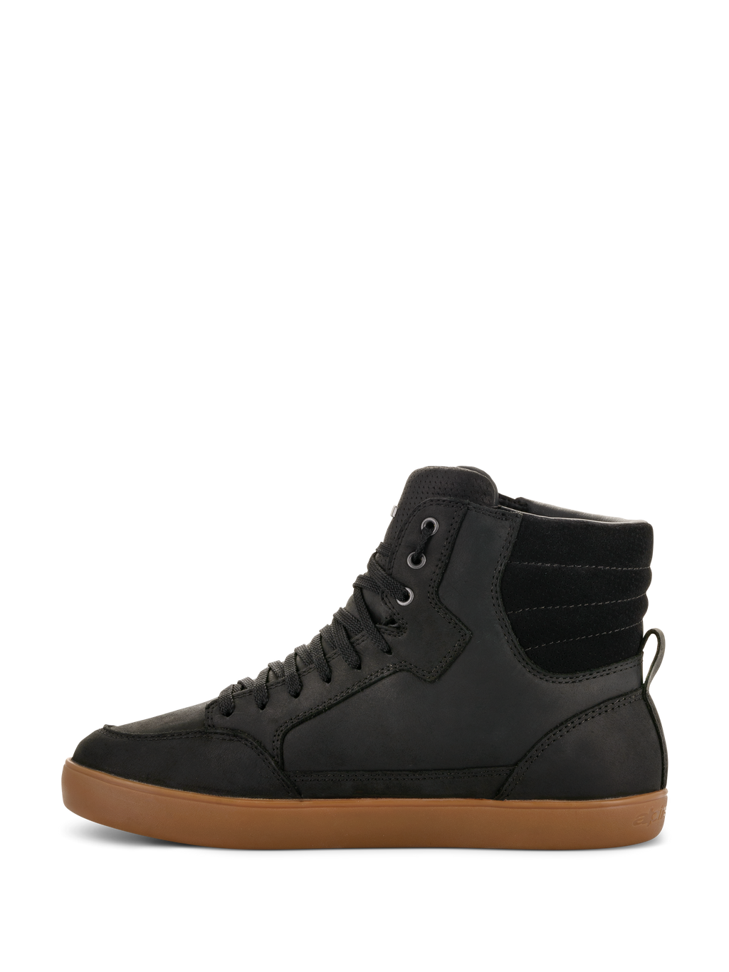 Alpinestars J-6 Waterproof Shoe, Motorcycle Riding Shoe, Black with Brown Gum sole, side profile view, high-top sneaker design, leather upper, casual urban motorcycle footwear