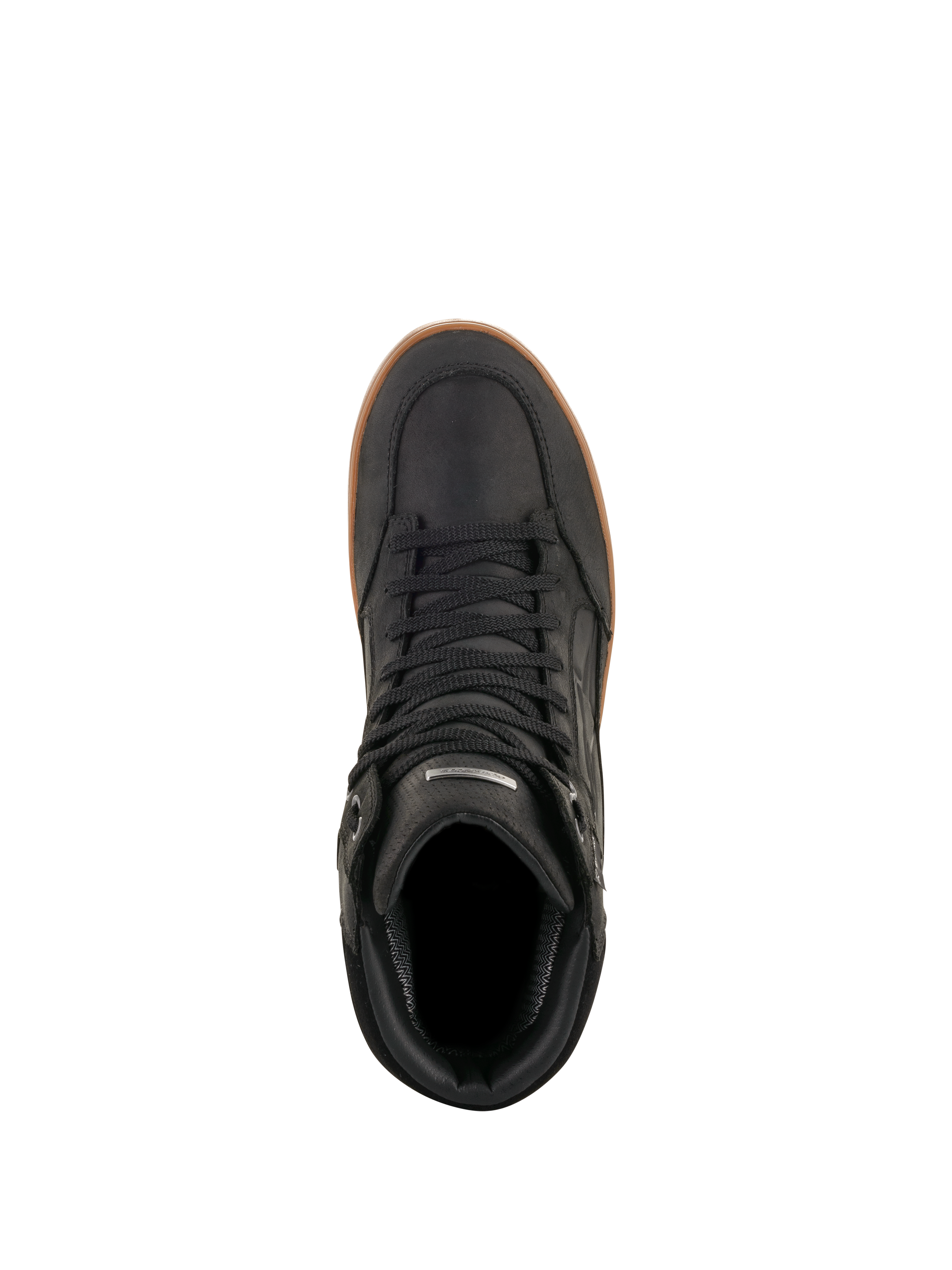 Alpinestars J-6 Waterproof Shoe, Black Gum, Top-down view, black leather motorcycle riding shoe with gum-colored rubber sole, sneaker-style urban gear with black laces