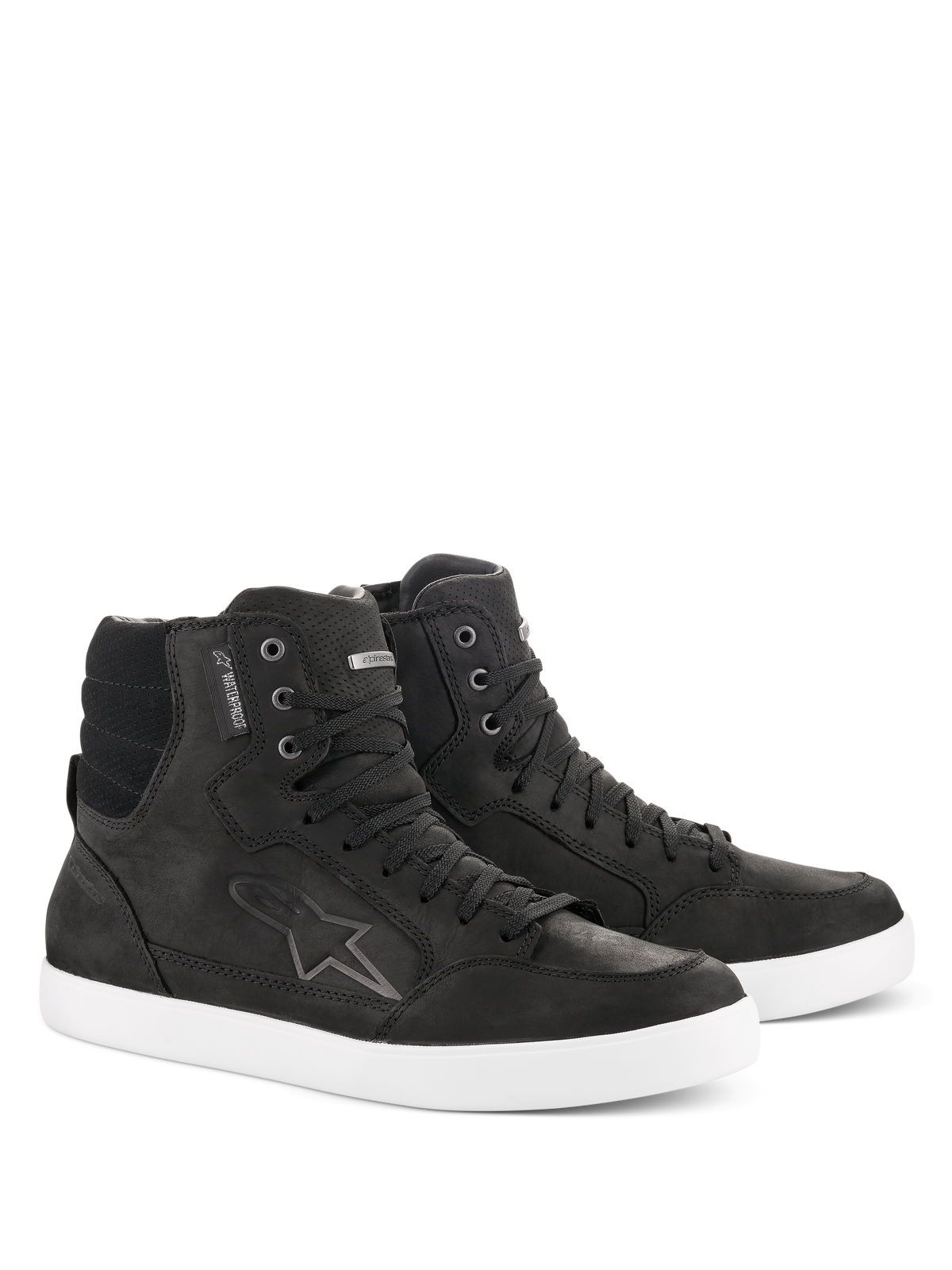 Alpinestars J-6 Waterproof Schuh, Motorradschuhe, Schwarz und Weiß, High-Top-Sneaker-Design, hochwertiges Leder mit Schnürverschluss, weiße Gummisohle, mit Astar-Logo und Waterproof-Label, urbaner Freizeitstil für das Fahren auf der Straße
