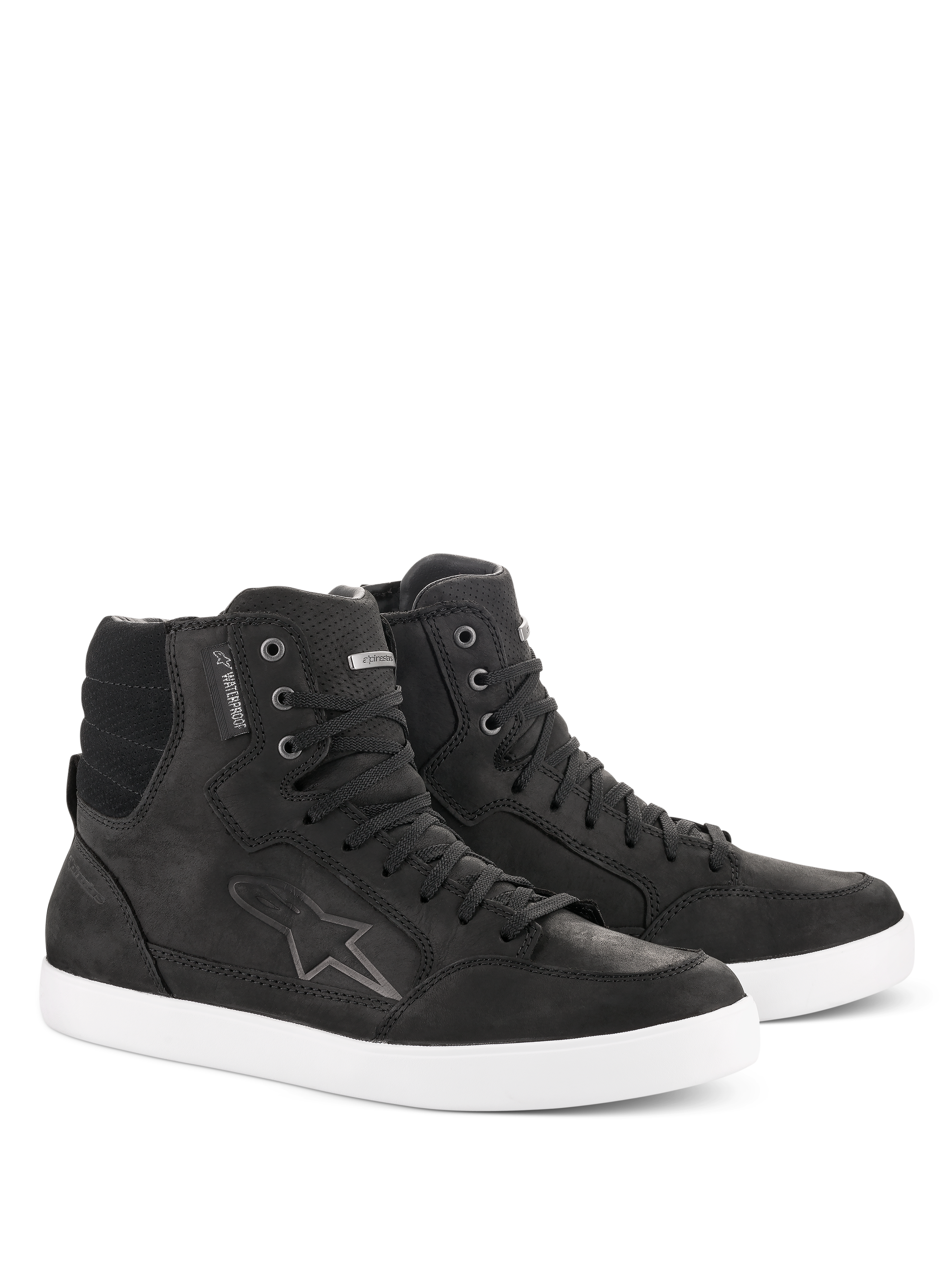 Alpinestars J-6 Waterproof Schuh, Motorradschuhe, Schwarz und Weiß, High-Top-Sneaker-Design, hochwertiges Leder mit Schnürverschluss, weiße Gummisohle, mit Astar-Logo und Waterproof-Label, urbaner Freizeitstil für das Fahren auf der Straße