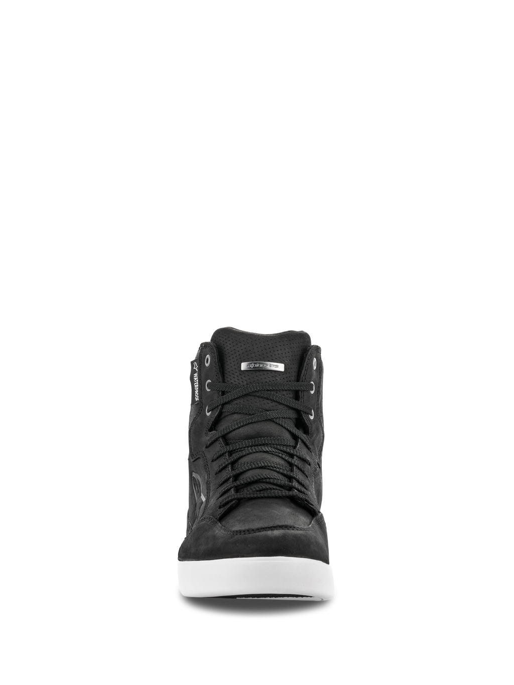Alpinestars J-6 Waterproof Schuh, Vorderansicht, schwarzer Leder-Motorradschuh mit weißer Sohle, Sneaker-Design mit schwarzen Schnürsenkeln, wasserdichtes Label, silbernes Logo-Detail, urbane Motorradschuhe