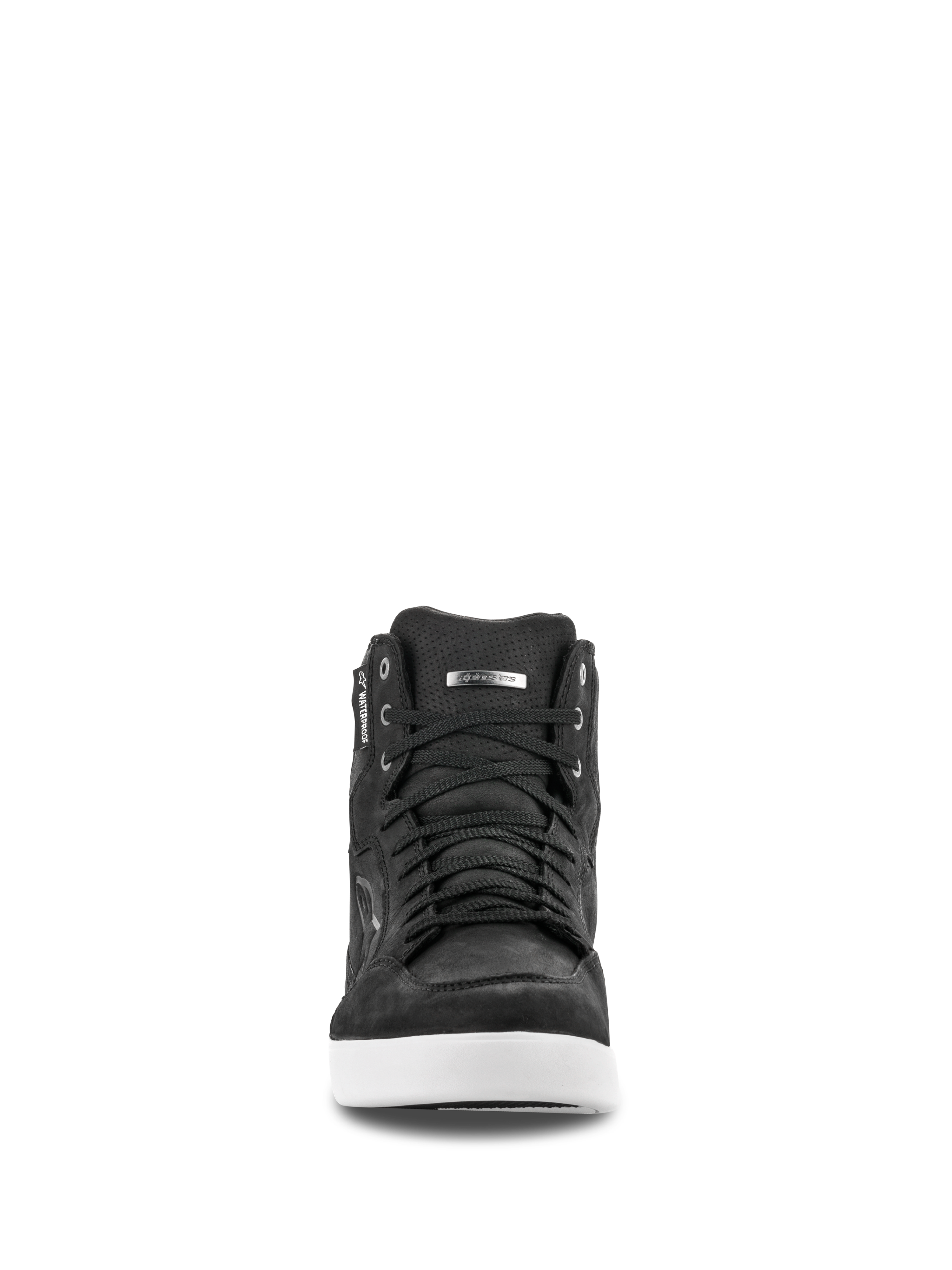 Alpinestars J-6 Waterproof Schuh, Vorderansicht, schwarzer Leder-Motorradschuh mit weißer Sohle, Sneaker-Design mit schwarzen Schnürsenkeln, wasserdichtes Label, silbernes Logo-Detail, urbane Motorradschuhe