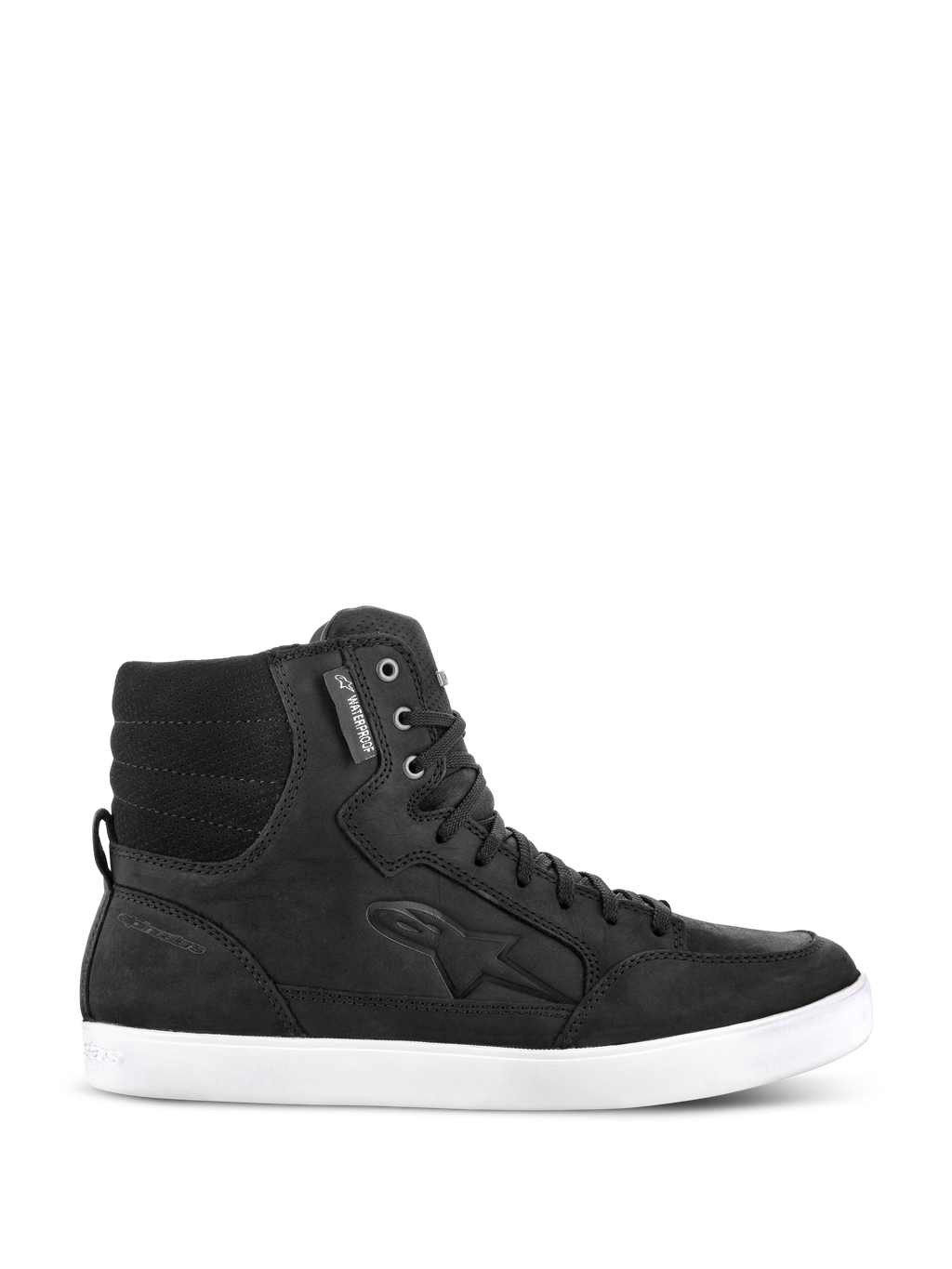 Alpinestars J-6 Waterproof Shoe, schwarzer Urban-Riding-Sneaker, High-Top-Motorradschuh aus Leder mit weißer flacher Sohle, gepolsterter gesteppter Knöchelbereich, Metallösen, wasserdichtes Label, geprägtes Seitenlogo, Street-inspiriertes Design für den täglichen Gebrauch