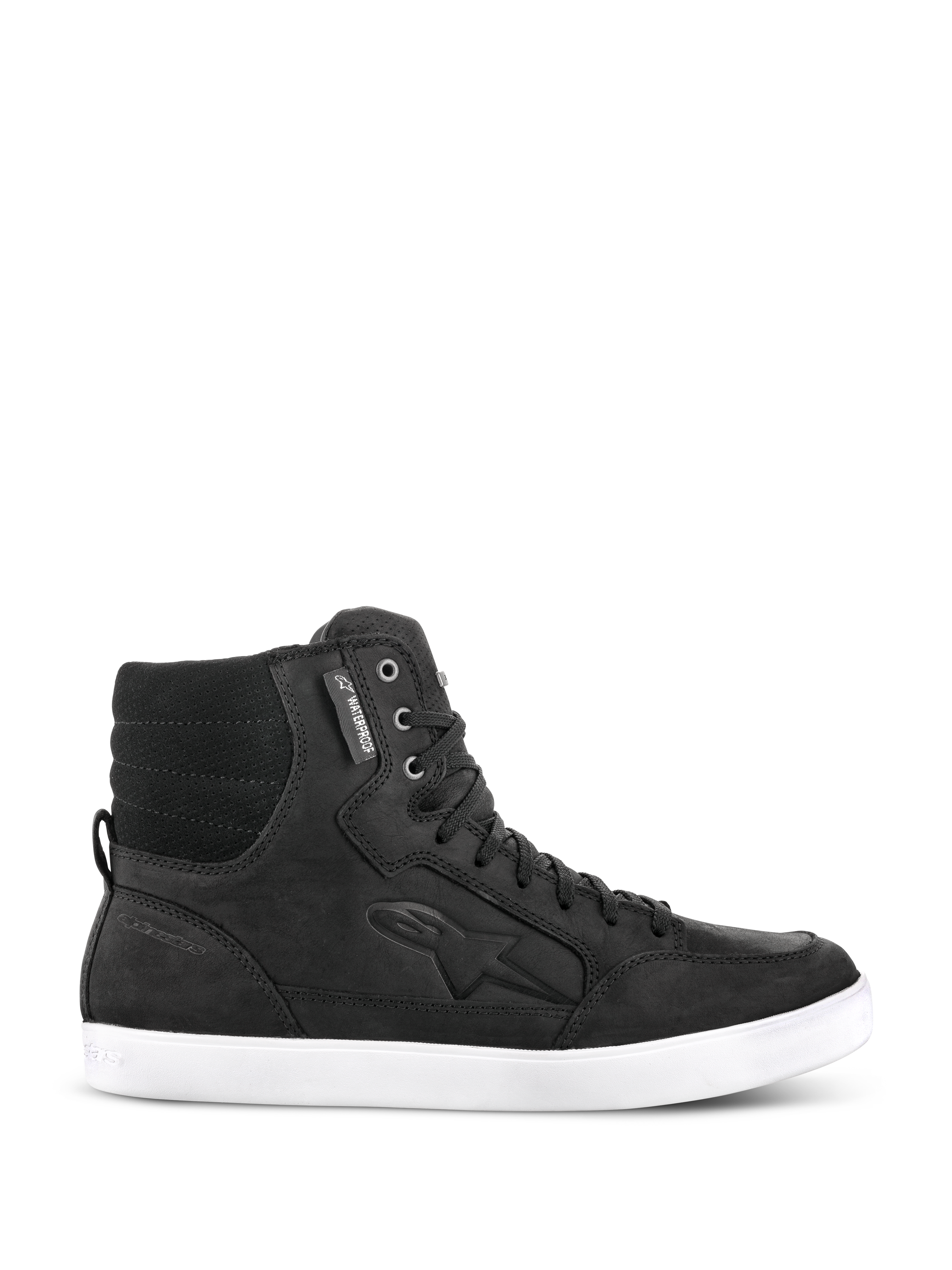 Alpinestars J-6 Waterproof Shoe, schwarzer Urban-Riding-Sneaker, High-Top-Motorradschuh aus Leder mit weißer flacher Sohle, gepolsterter gesteppter Knöchelbereich, Metallösen, wasserdichtes Label, geprägtes Seitenlogo, Street-inspiriertes Design für den täglichen Gebrauch