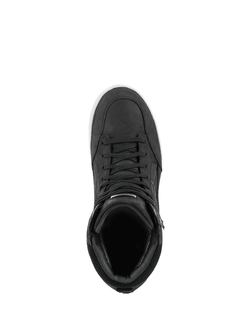 Alpinestars J-6 Waterproof Schuh, Schwarz und Weiß, Draufsicht auf einen Motorradstiefel im Sneaker-Stil, hochwertige Konstruktion aus schwarzem Leder mit passenden Schnürsenkeln und weißem Sohlendetail, urbanes Schuhwerk für den Straßeneinsatz