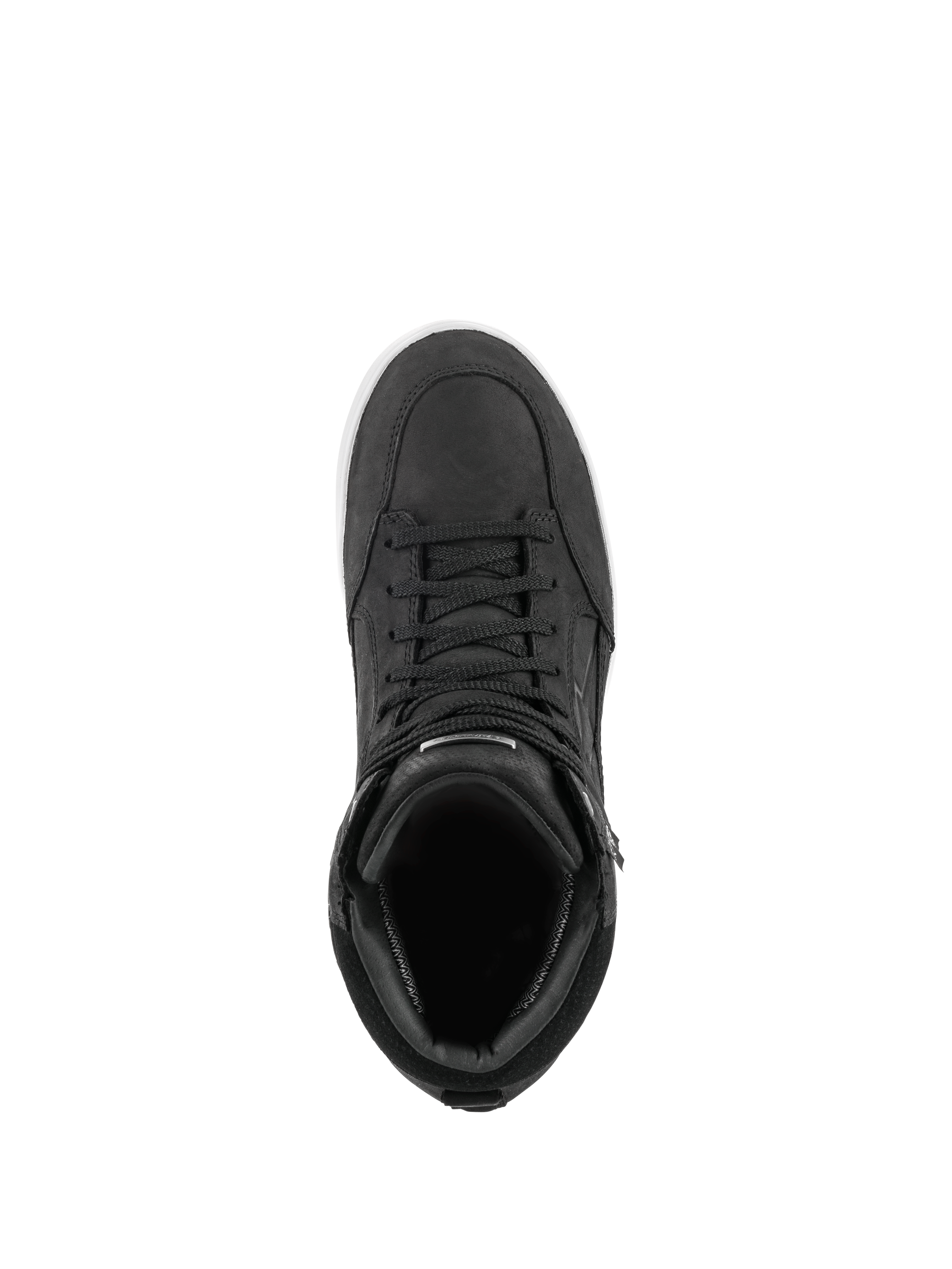 Alpinestars J-6 Waterproof Schuh, Schwarz und Weiß, Draufsicht auf einen Motorradstiefel im Sneaker-Stil, hochwertige Konstruktion aus schwarzem Leder mit passenden Schnürsenkeln und weißem Sohlendetail, urbanes Schuhwerk für den Straßeneinsatz