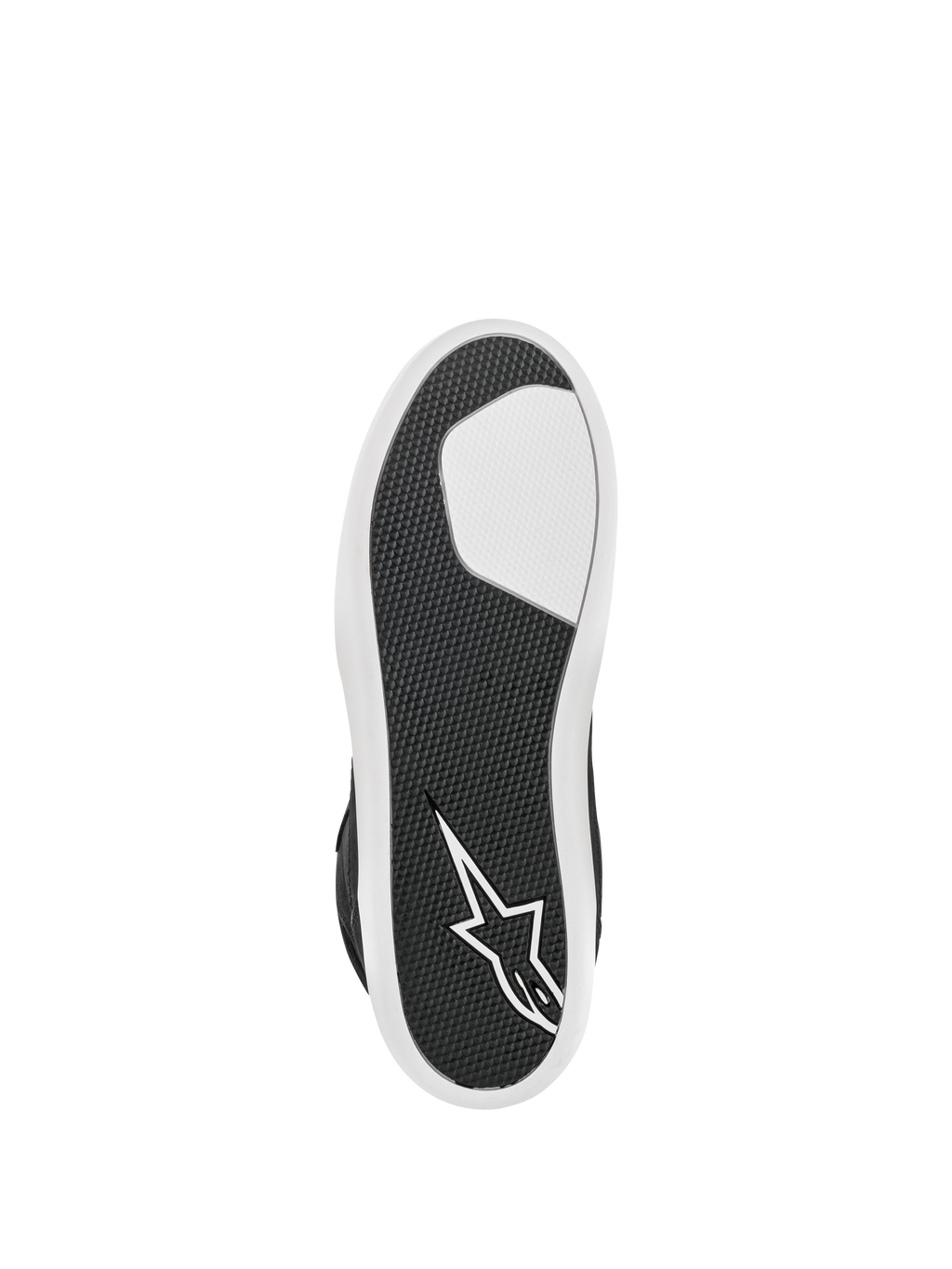 Alpinestars J-6 Wasserdichter Schuh, Schwarz und Weiß, Unteransicht der fortschrittlichen Gummisohle, strukturiertes Profilmuster für Langlebigkeit, weißes Stern-Logo an der Ferse, urbanes Motorrad-Schuhwerk