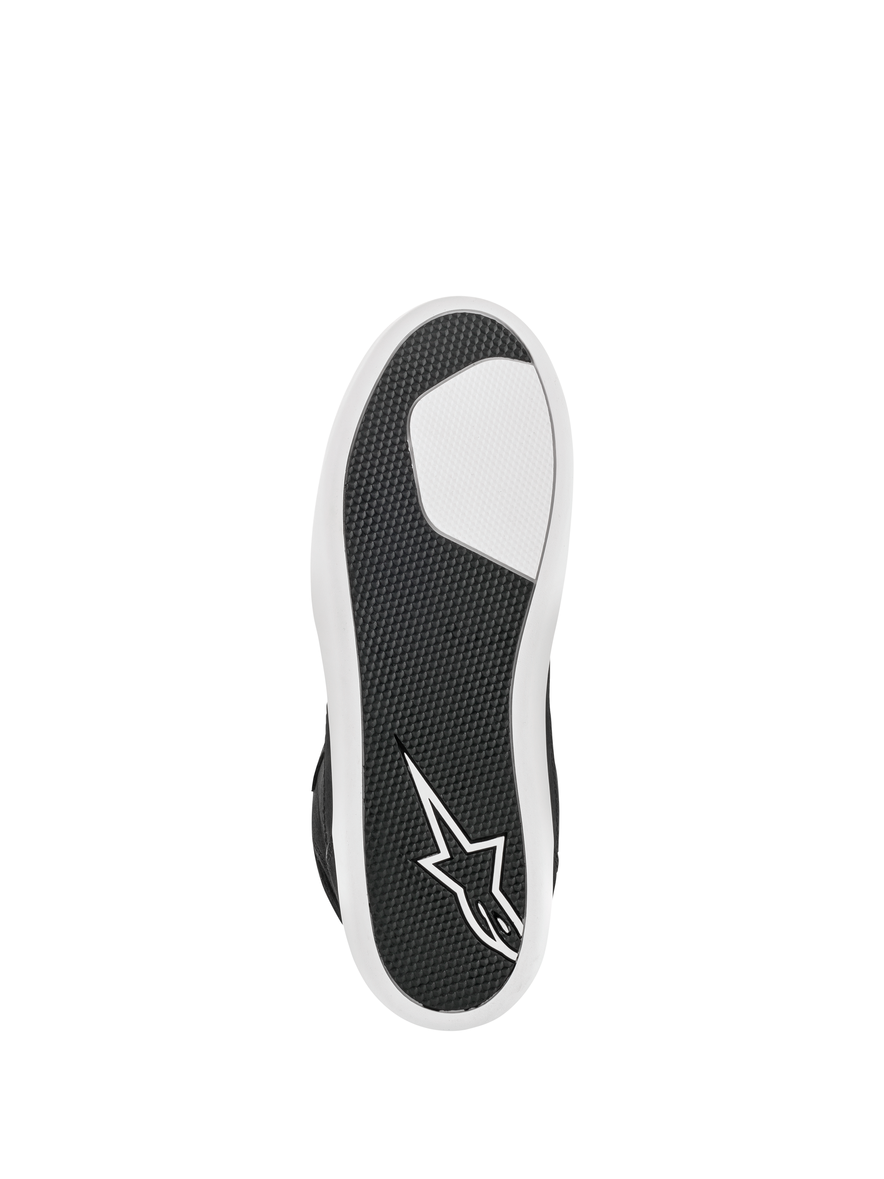 Alpinestars J-6 Wasserdichter Schuh, Schwarz und Weiß, Unteransicht der fortschrittlichen Gummisohle, strukturiertes Profilmuster für Langlebigkeit, weißes Stern-Logo an der Ferse, urbanes Motorrad-Schuhwerk