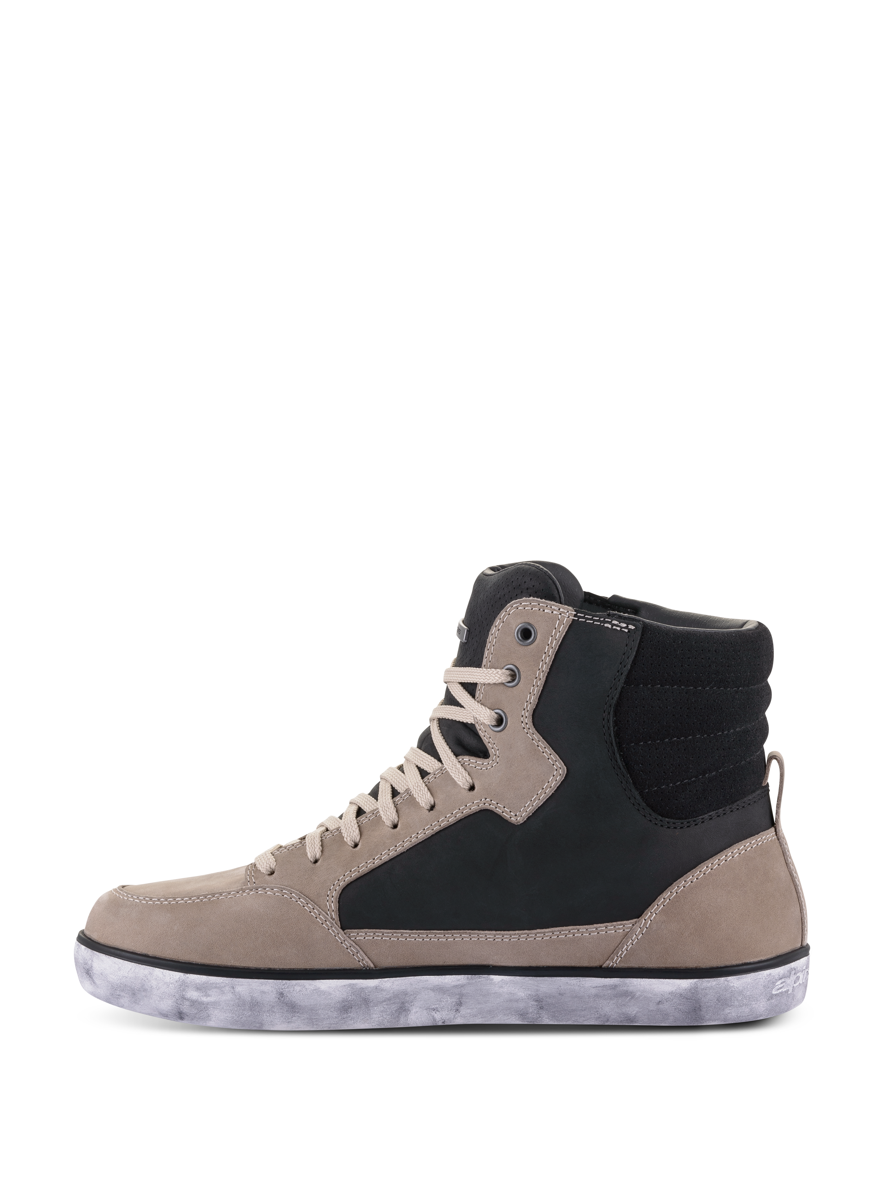 Alpinestars J-6 Wasserdichter Schuh, Motorradschuh, Black Flint White, High-Top-Sneaker-Stil mit flintgrauen und schwarzen Lederpanels, cremefarbenen Schnürsenkeln und einer marmorierten weißen Gummisohle, lässiges urbanes Design für das Motorradfahren