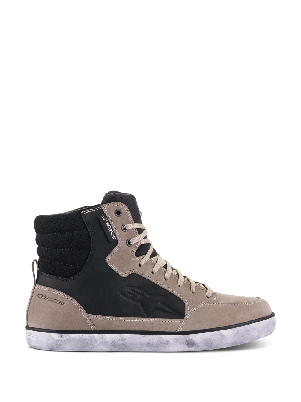 Alpinestars J-6 Waterproof Schuh, Motorradschuh, Schwarz Flint Weiß, High-Top-Sneaker-Design aus Leder, weiße Sohle im Distressed-Look, wasserdichtes Etikett und geprägtes Seitenlogo