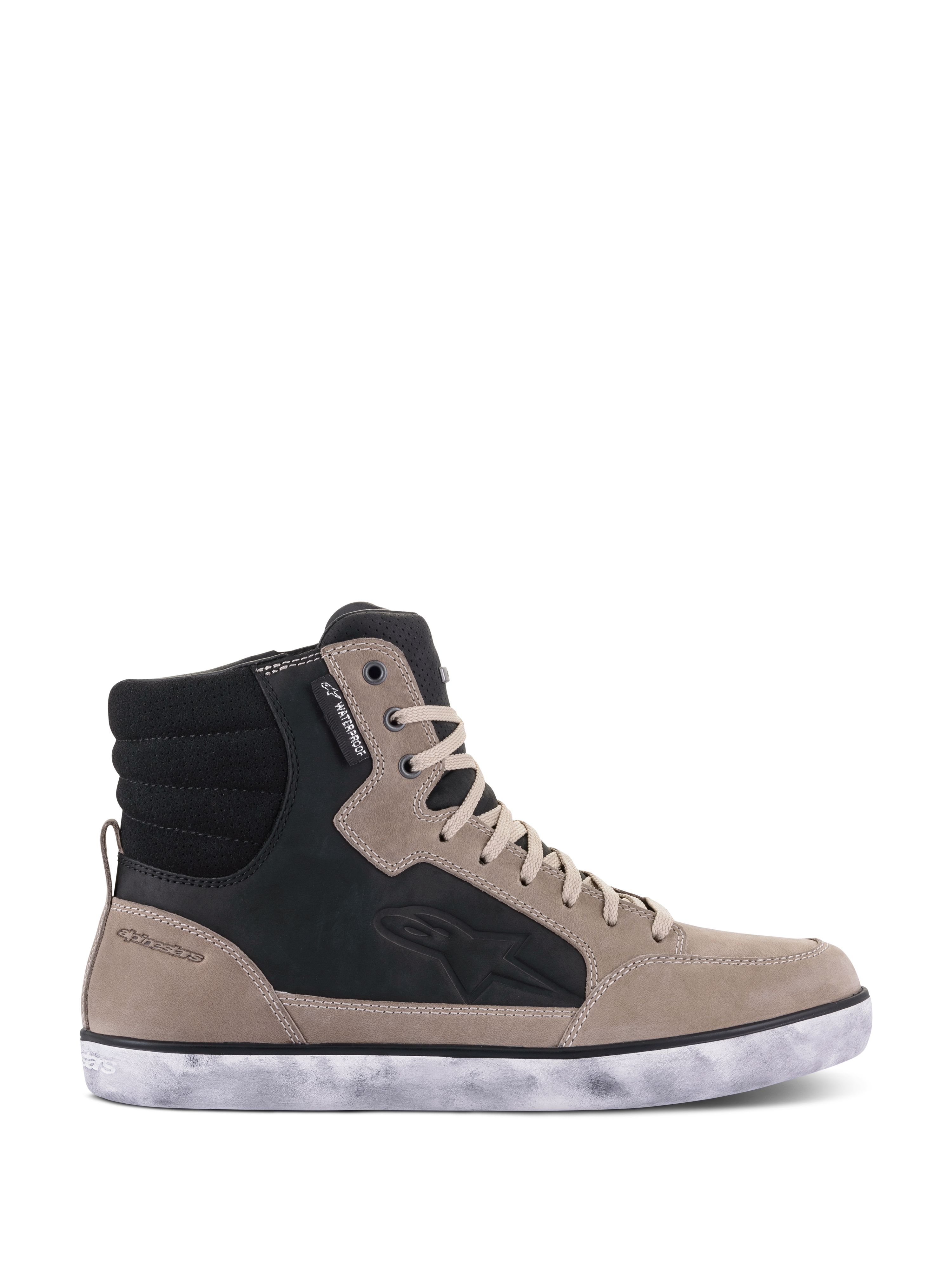 Alpinestars J-6 Waterproof Schuh, Motorradschuh, Schwarz Flint Weiß, High-Top-Sneaker-Design aus Leder, weiße Sohle im Distressed-Look, wasserdichtes Etikett und geprägtes Seitenlogo