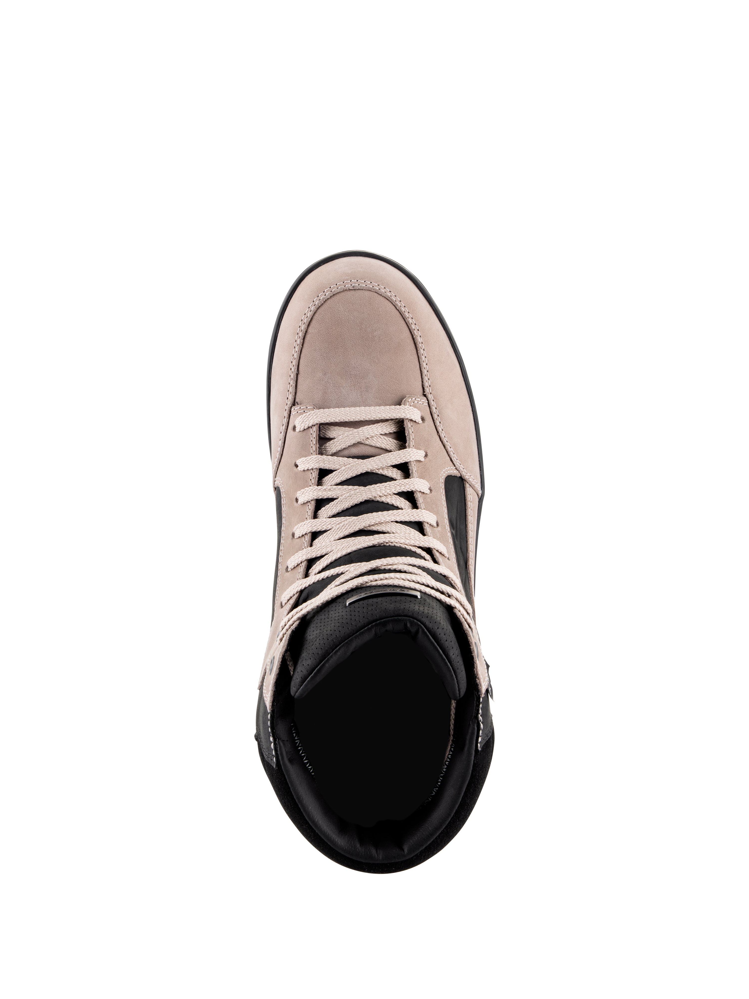 Alpinestars J-6 Wasserdichter Schuh, Urbaner Motorradschuh, Schwarz Flint Weiß, Draufsicht mit Obermaterial aus Wildleder, weißen Schnürsenkeln und schwarzem gepolsterten Kragen, lässiges Sneaker-inspiriertes Design für das Pendeln mit dem Motorrad