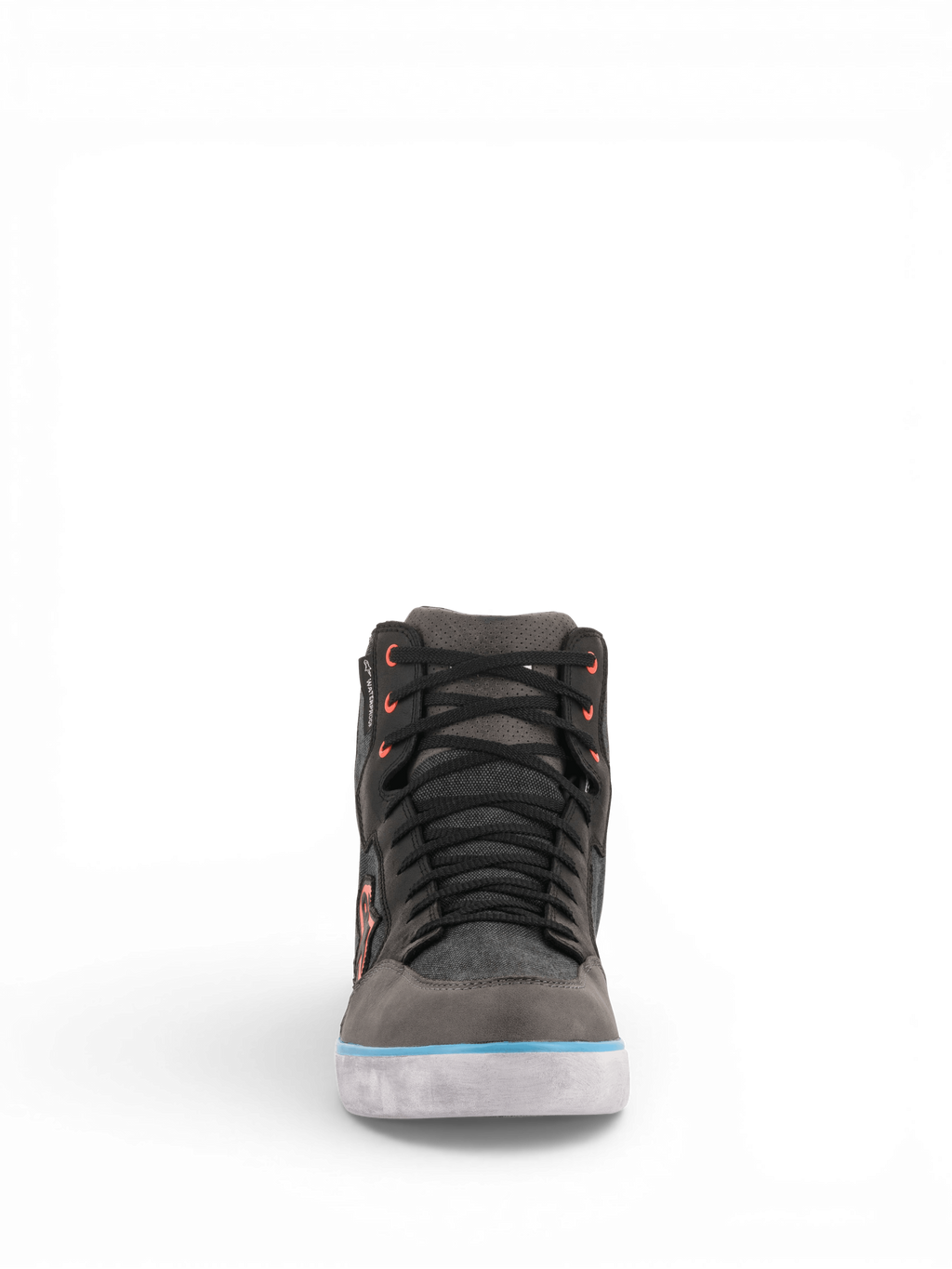 Alpinestars J-6 Wasserdicht Canvas Schuhe, grau-schwarze Urban Motorradsneaker mit hellblauen Akzenten.