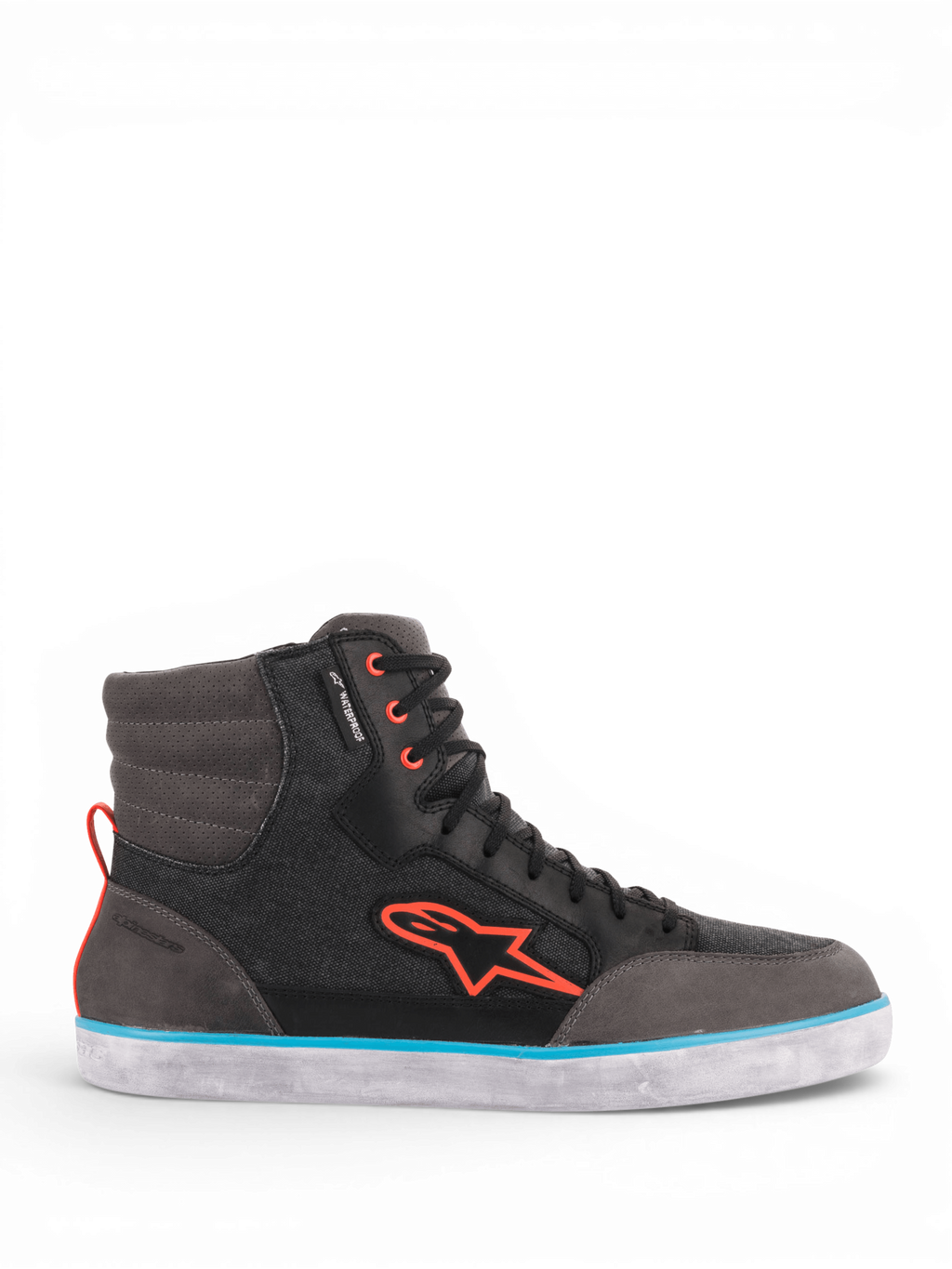 Alpinestars J-6 Wasserdicht Canvas Motorradschuhe für Herren, Schwarz und Grau mit hellblauen und orangefarbenen Akzenten.