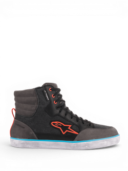 Alpinestars J-6 Wasserdicht Canvas Motorradschuhe für Herren, Schwarz und Grau mit hellblauen und orangefarbenen Akzenten.